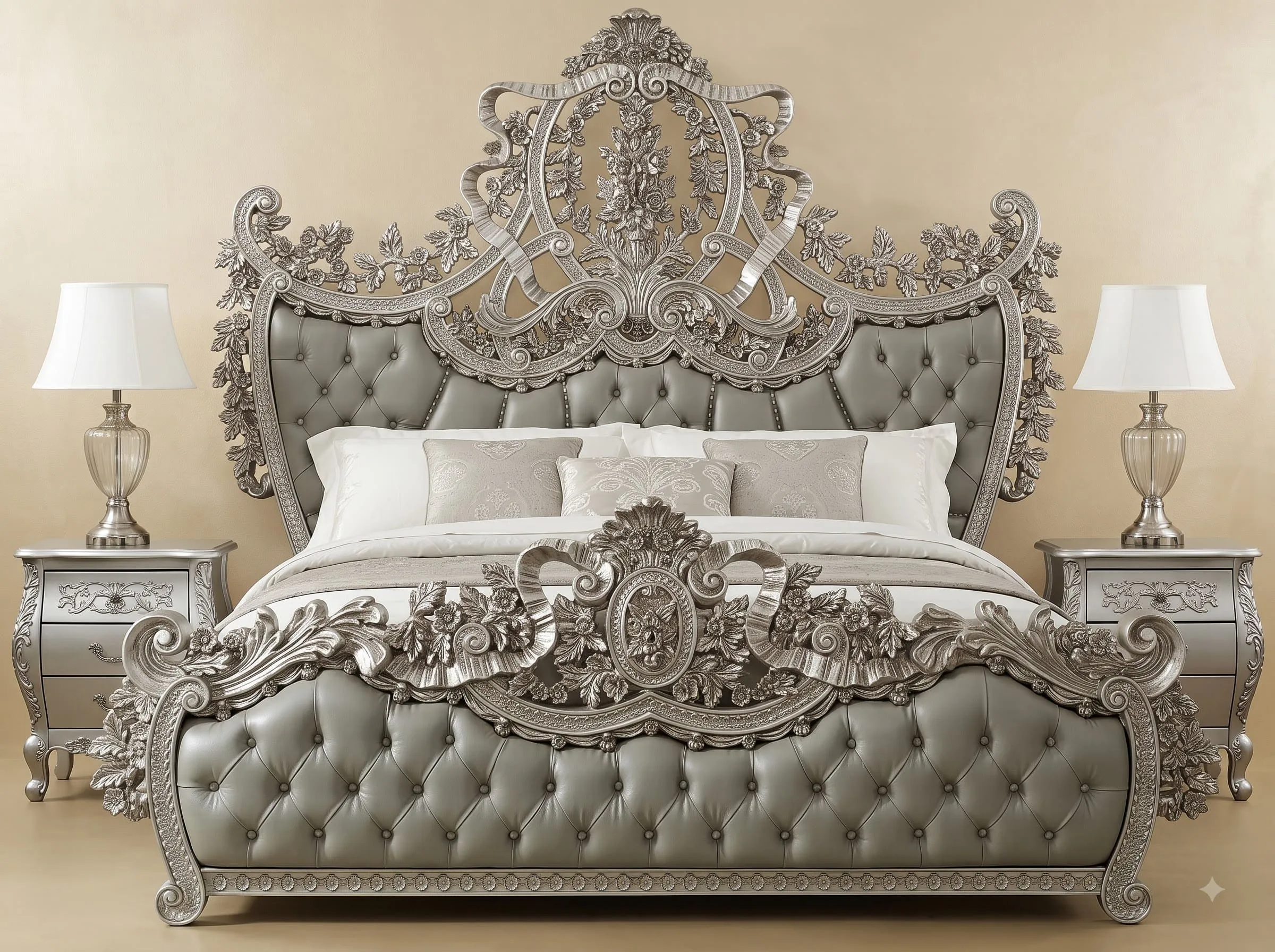 Silver Bed Design in Carved Teak - Grey Leather with Ribbon Carving