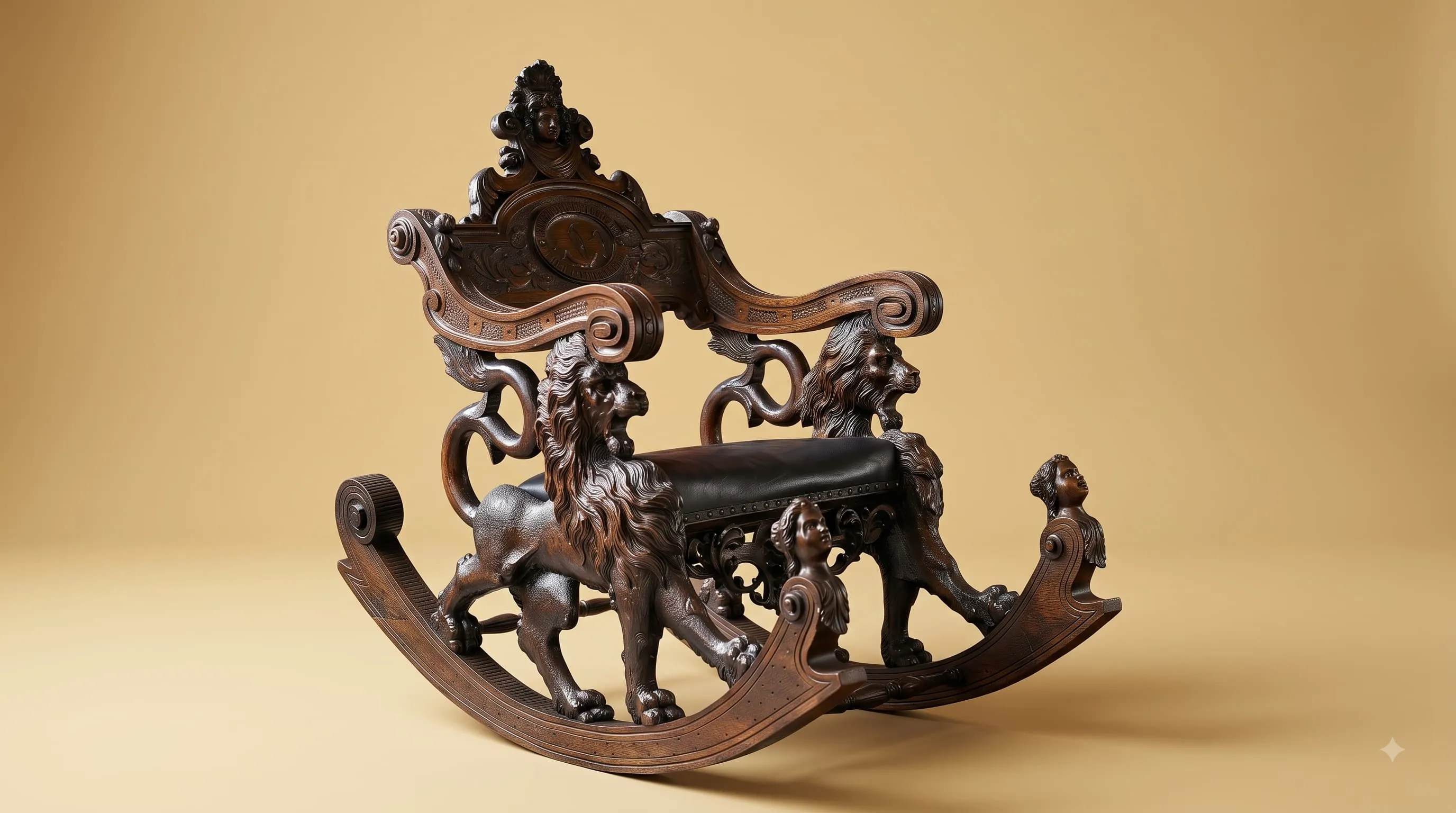 Wooden Rocking Chair in Carved Teak with Standing Lion Figures
