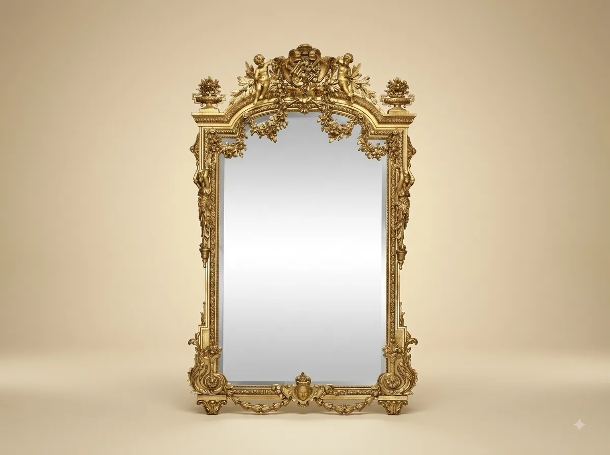 Overmantel Mirror in Gilded Teak with Carved Cherubs, Urns and Garlands
