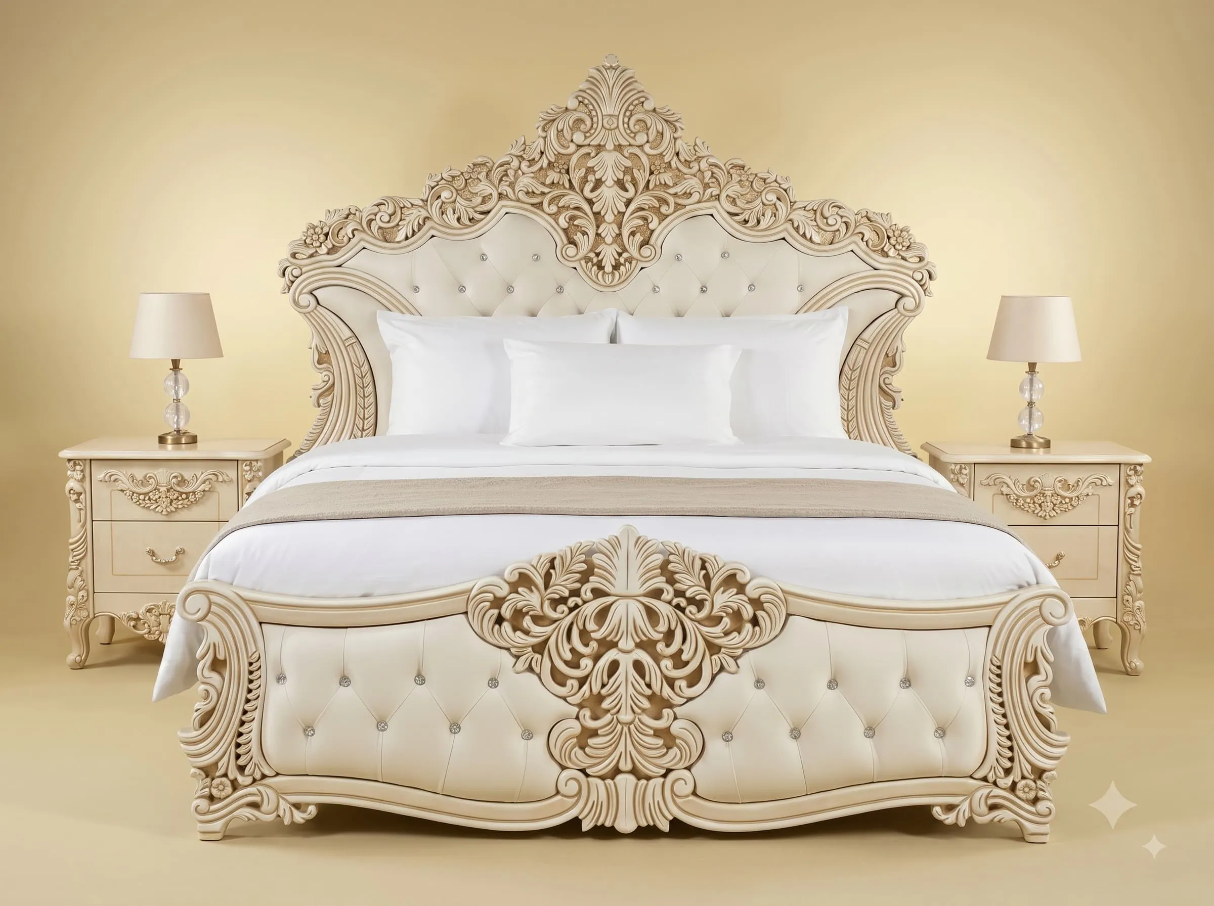 Antique White Bed in Carved Teak - Crystal Tufted Head and Footboard