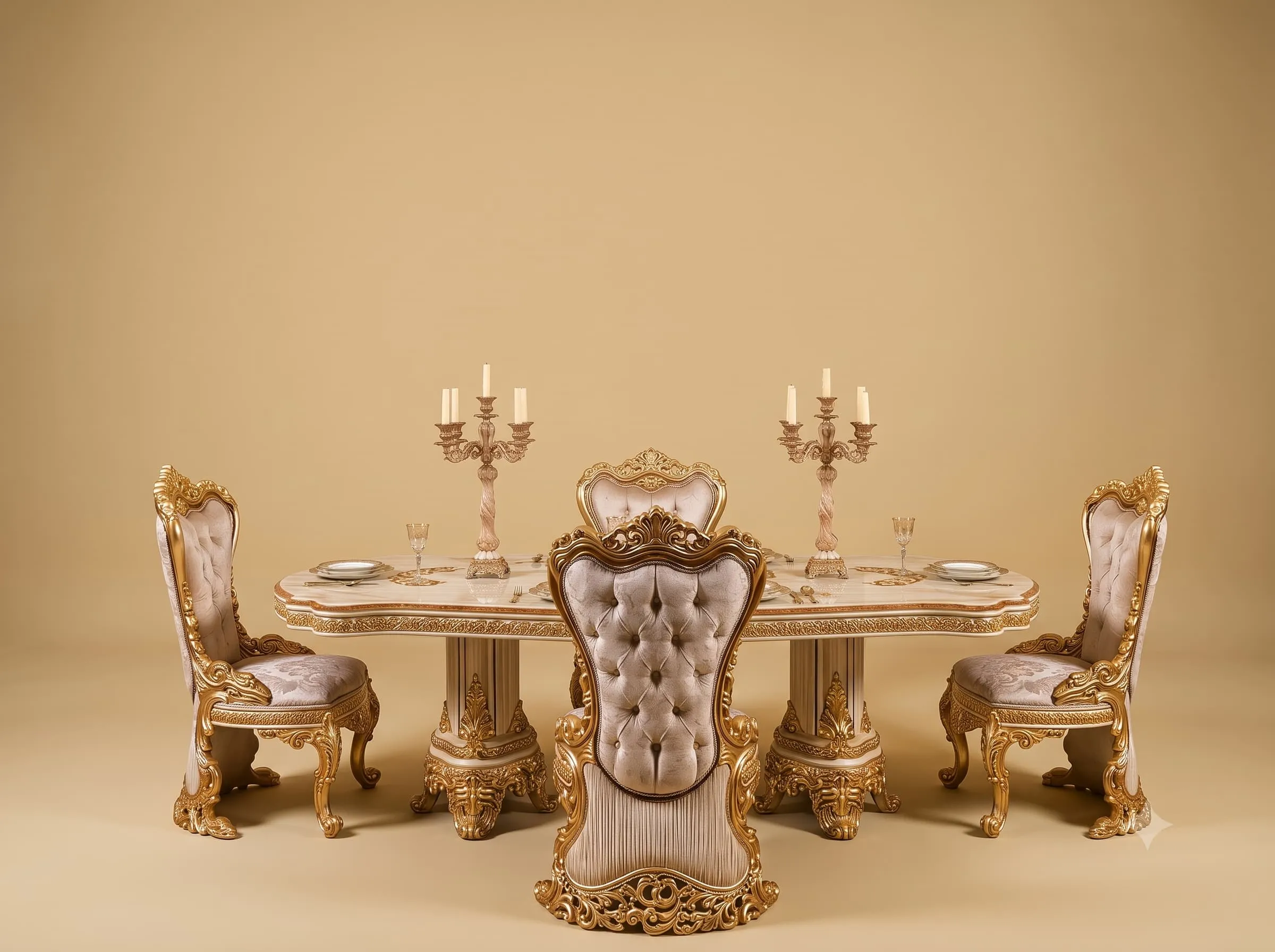 Rectangular Dining Table Set in Carved Teak with Twin Pedestals
