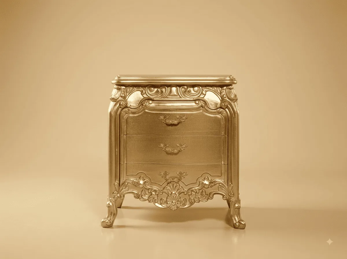 Silver Side Table in Carved Teak - Three Drawers with Pierced Apron