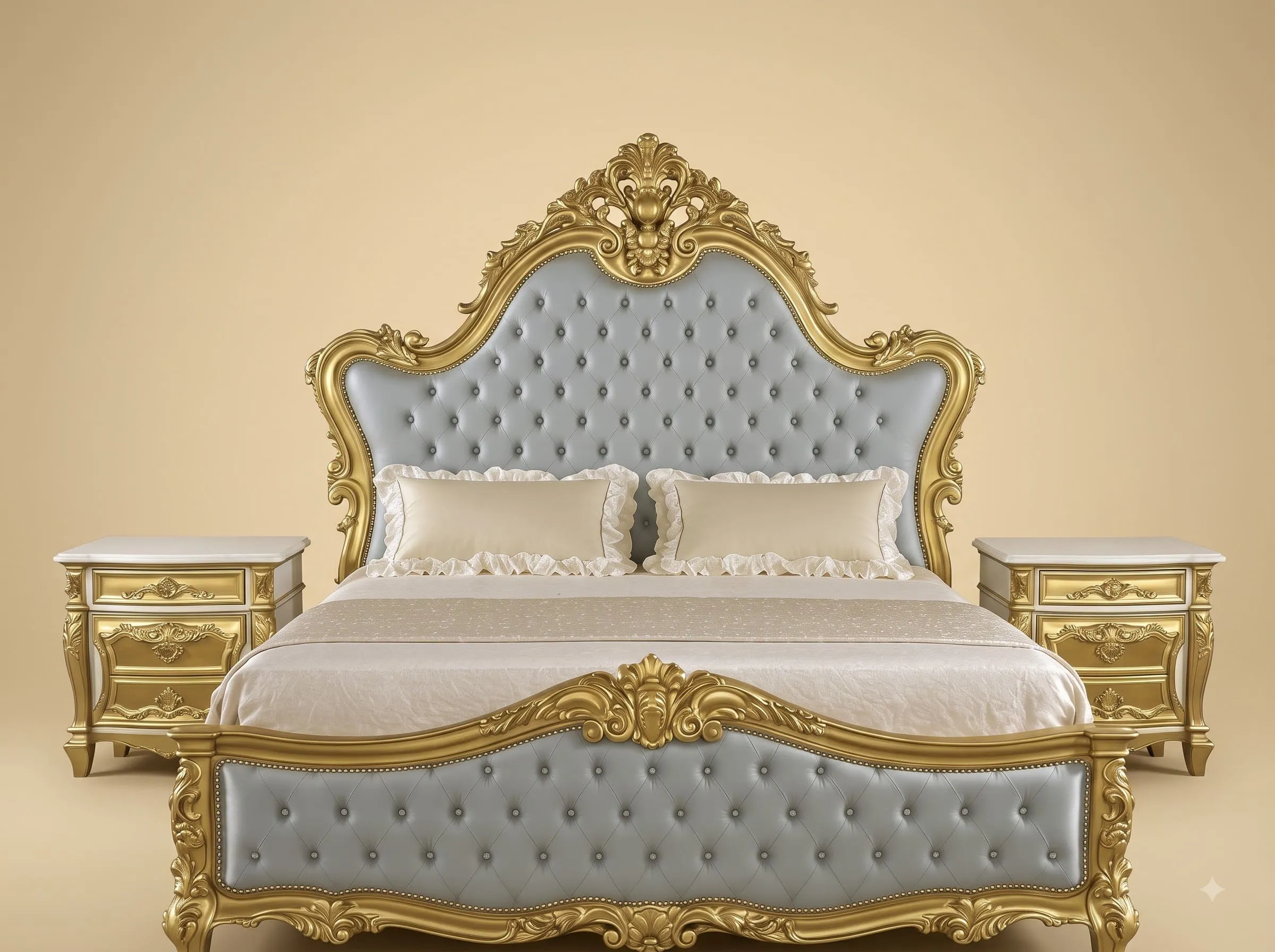 Gold and Grey King Size Bed - Carved Teak with Tufted Headboard