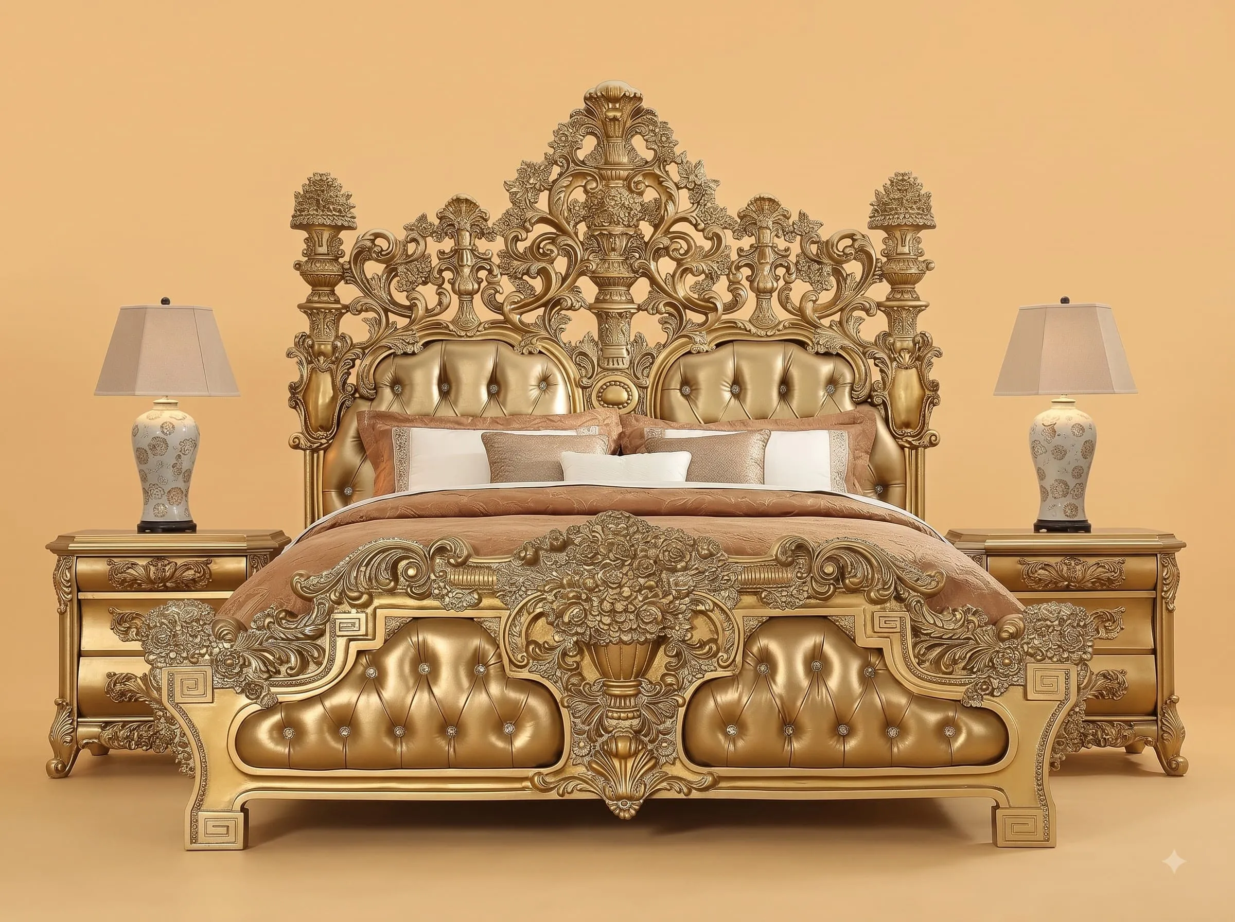 Baroque Bed in Carved Teak - Gold Finish with Greek Key Borders
