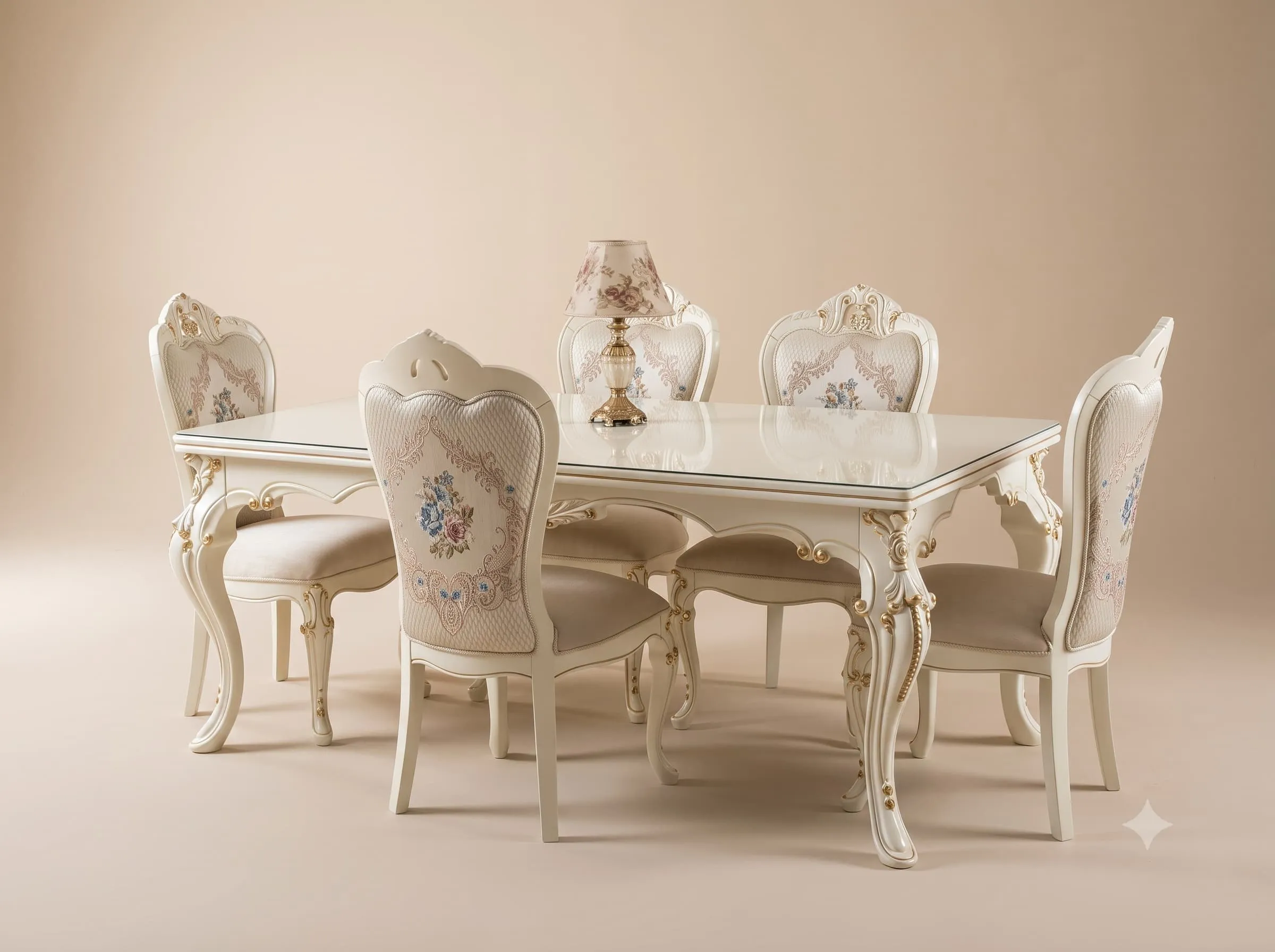 Floral Dining Table Set in Carved Teak with Embroidered Panels