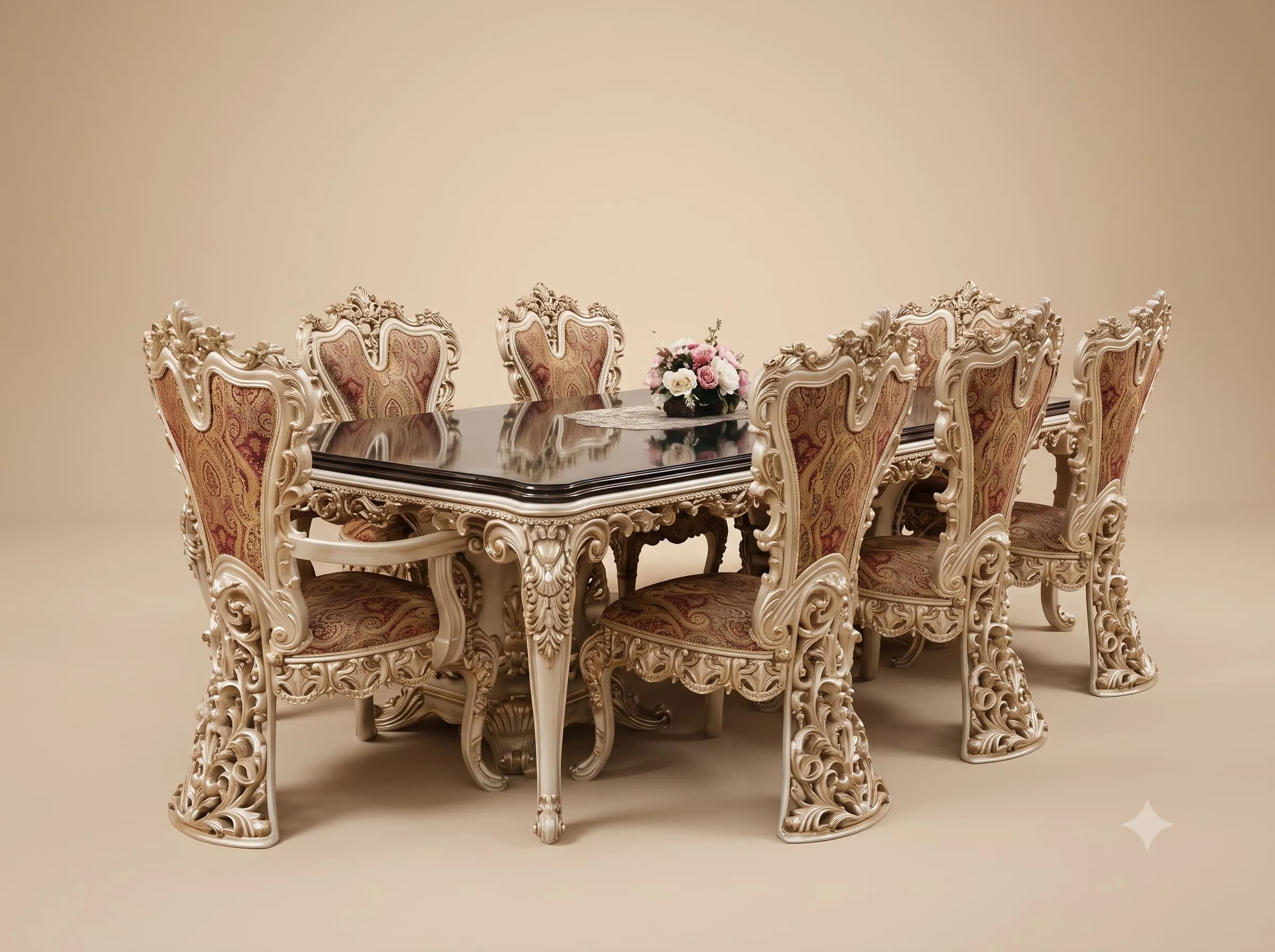Dining Table with High Back Chairs in Carved Teak and Ivory