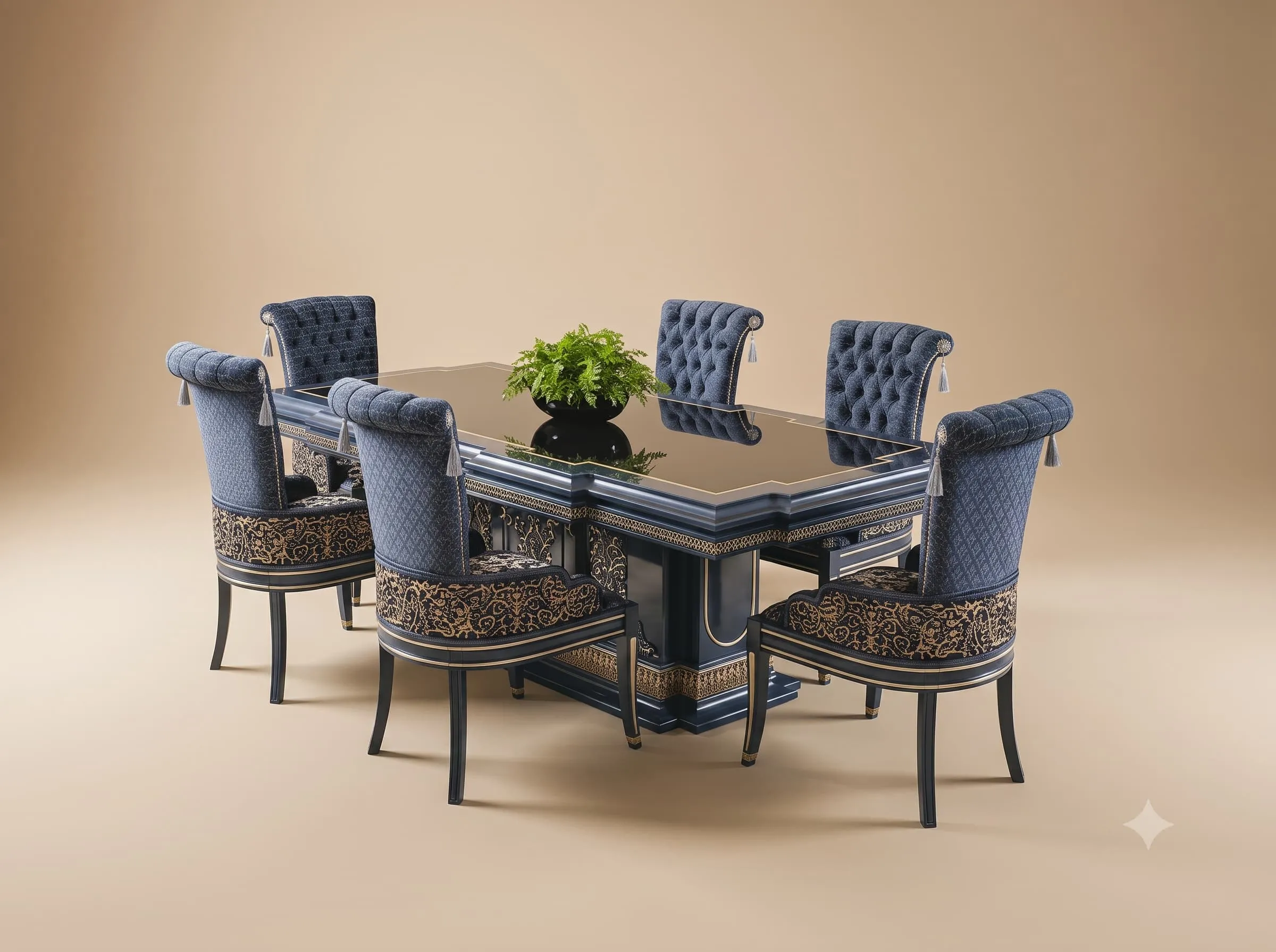 Dining Table Set with Tufted Chairs in Carved Teak and Navy