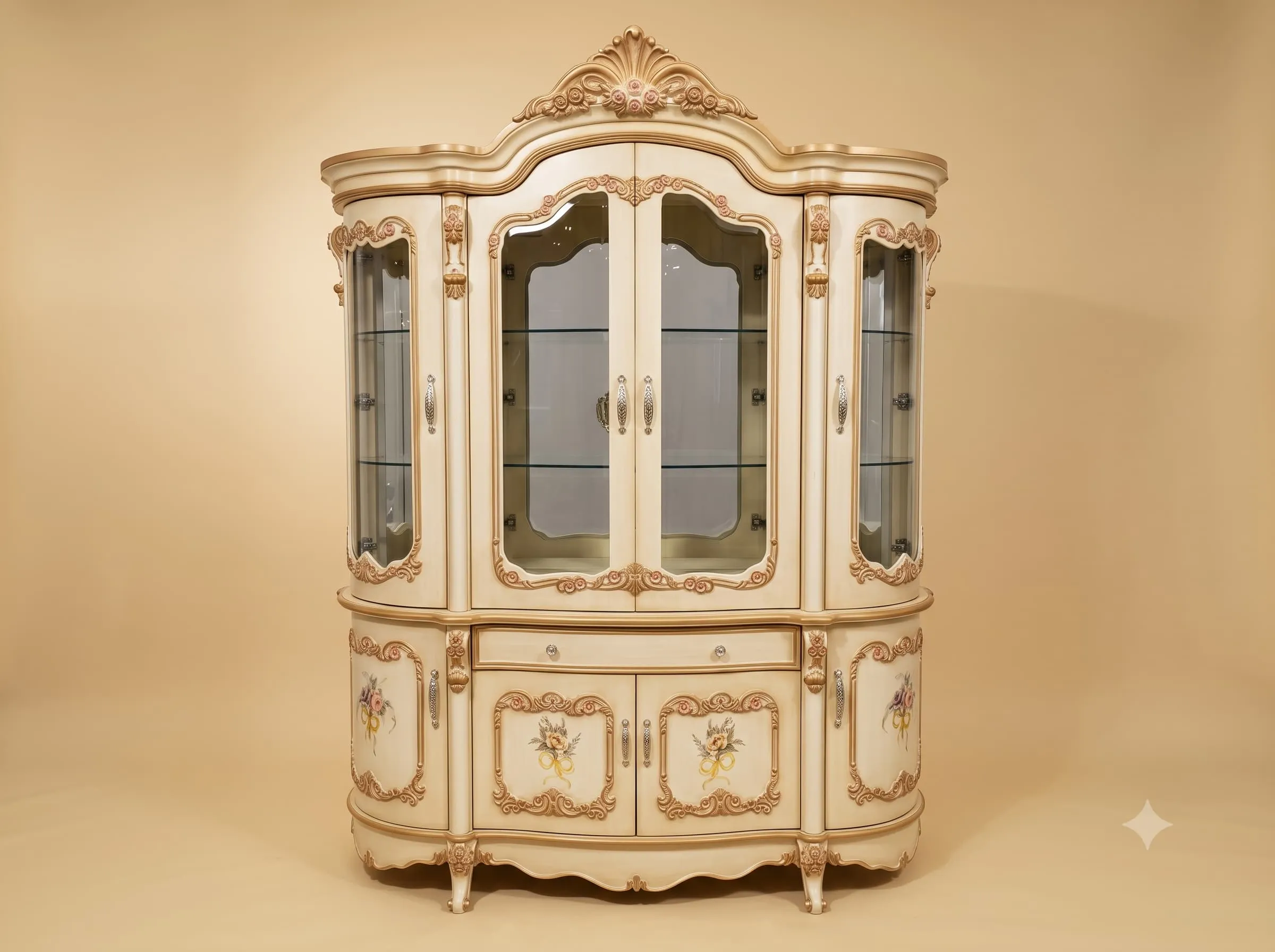 Antique Showcase in Cream and Gold with Painted Base Panels