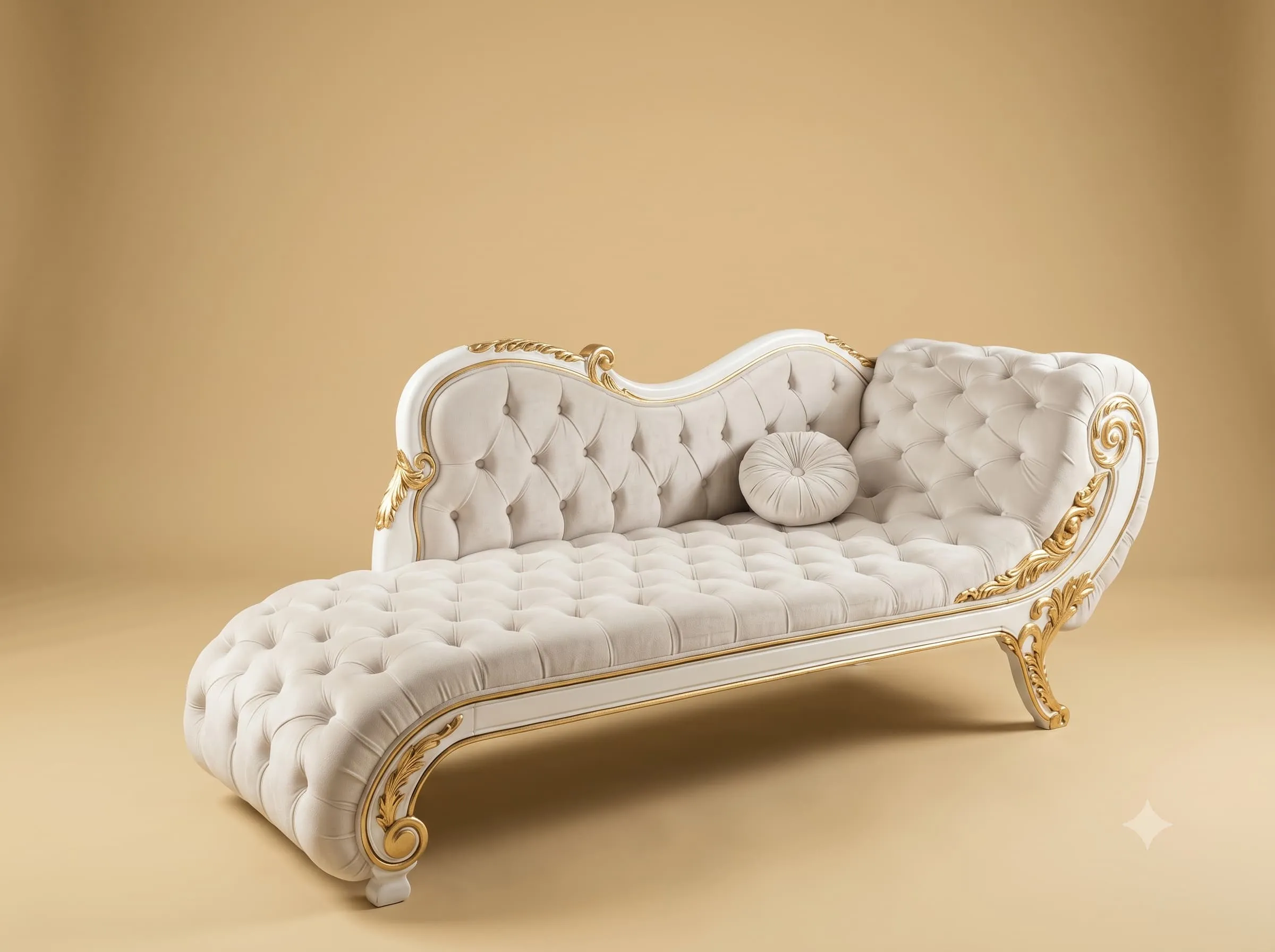 Diwan Bed in White and Gold Teak with Fully Buttoned Seat