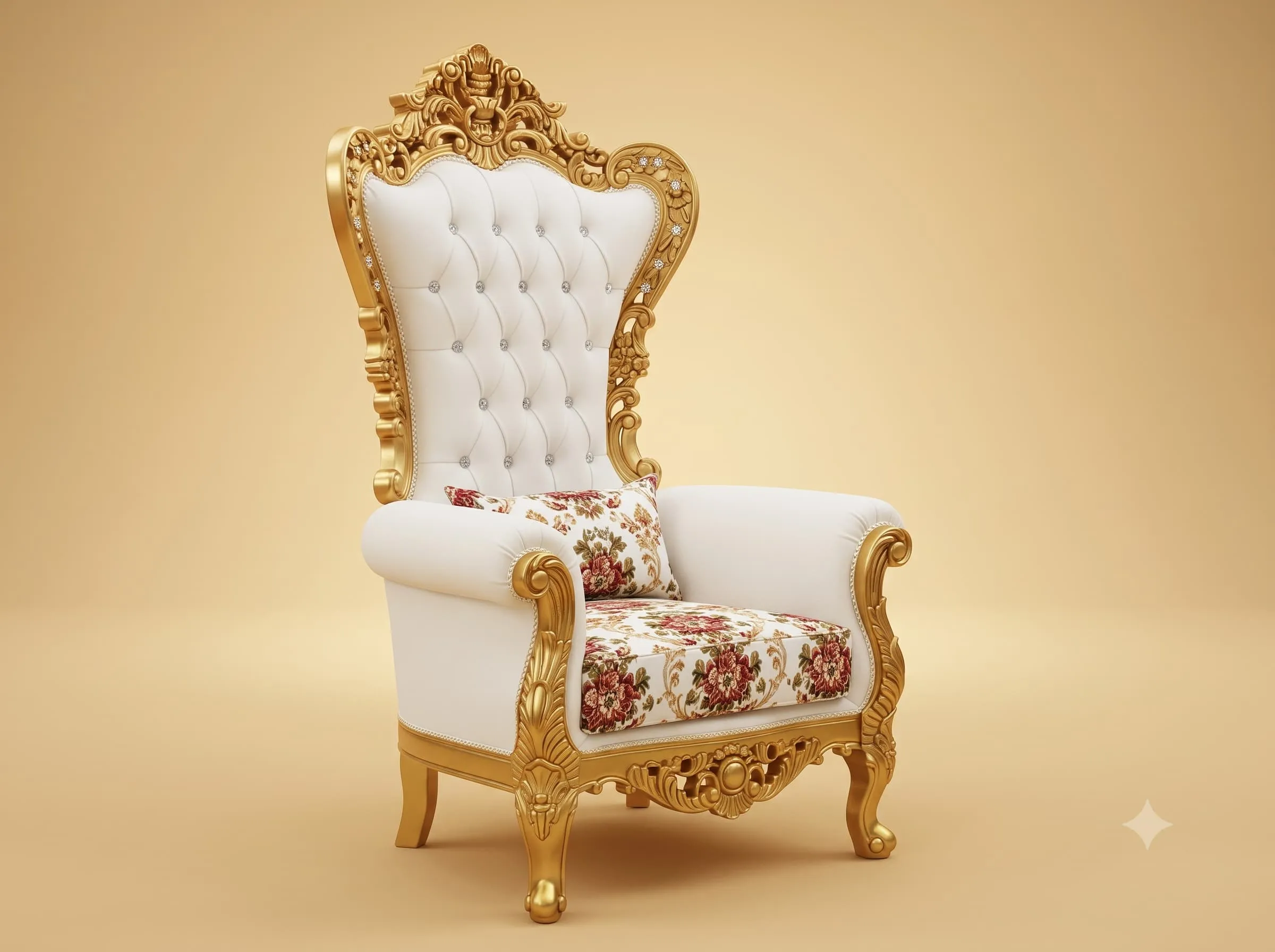 Floral High Back Chair in Carved Teak with White Tufted Backrest