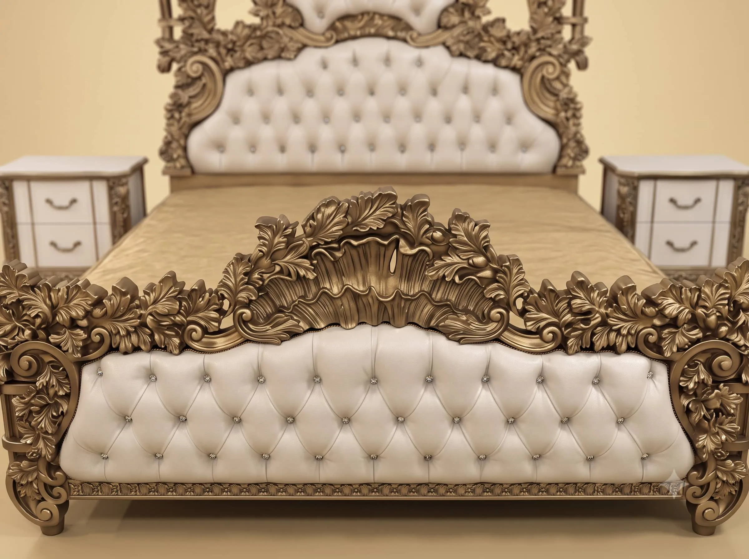 Antique Bed Design in Carved Teak - Vine Carving with Tufted Panels