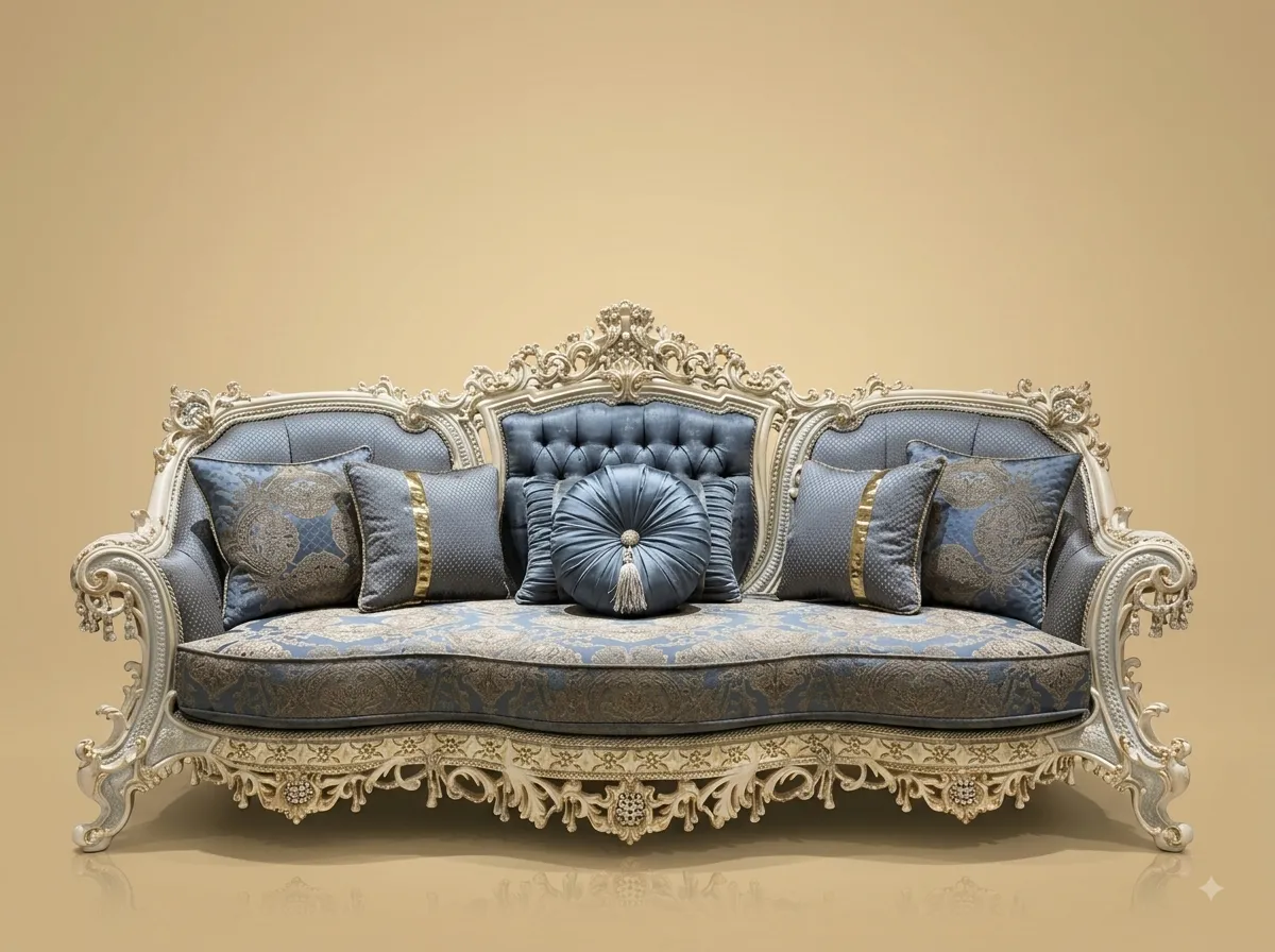 Royal Luxury Handcrafted Carved Teak 3 Seater Sofa Set | Blue and Ivory Tufted