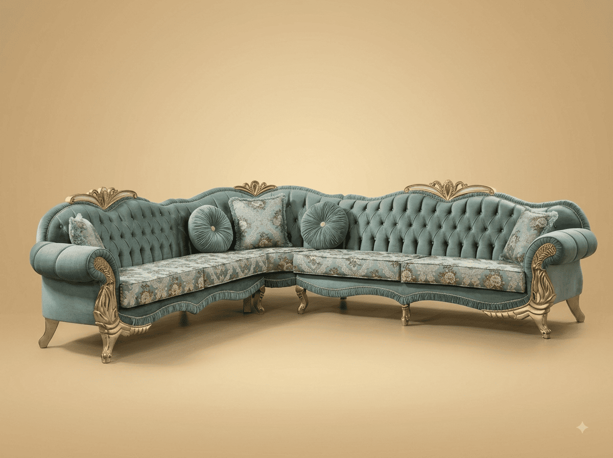 Velvet Sofa Set in Carved Teak - Sage Corner with Pleated Skirt
