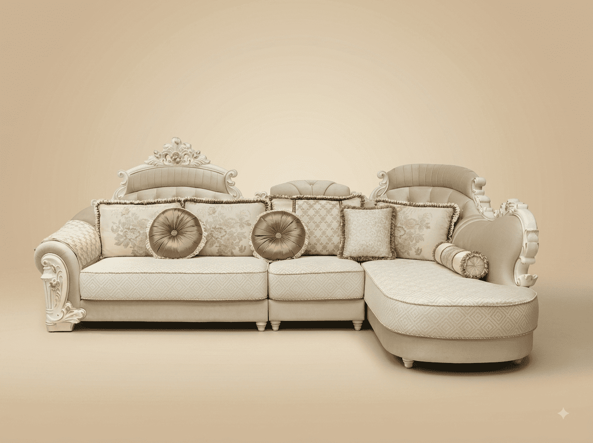 Designer Sofa in Carved Teak - Cream with Tiered Back and Chaise