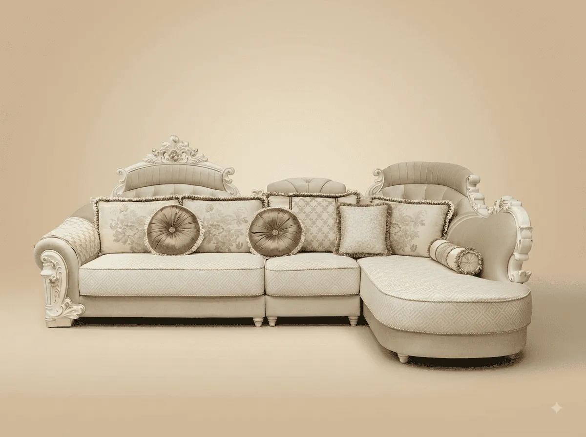 Designer Sofa in Carved Teak - Cream with Tiered Back and Chaise