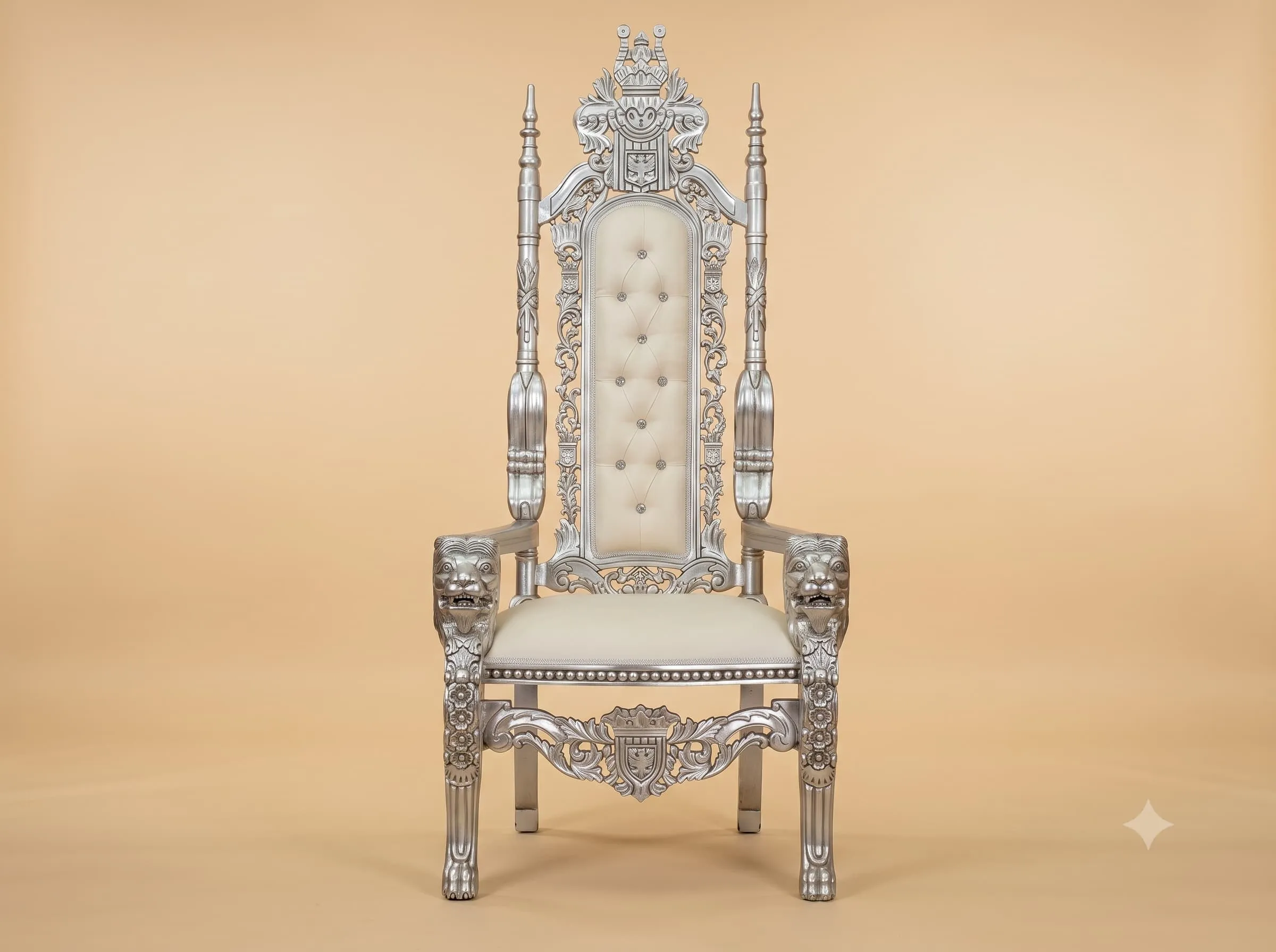 King Chair in Carved Teak with a Silvered Frame and Heraldic Crest