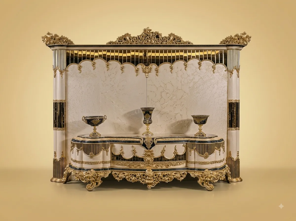Luxury TV Unit in Carved Teak with Fluted Columns and a Gilded Canopy