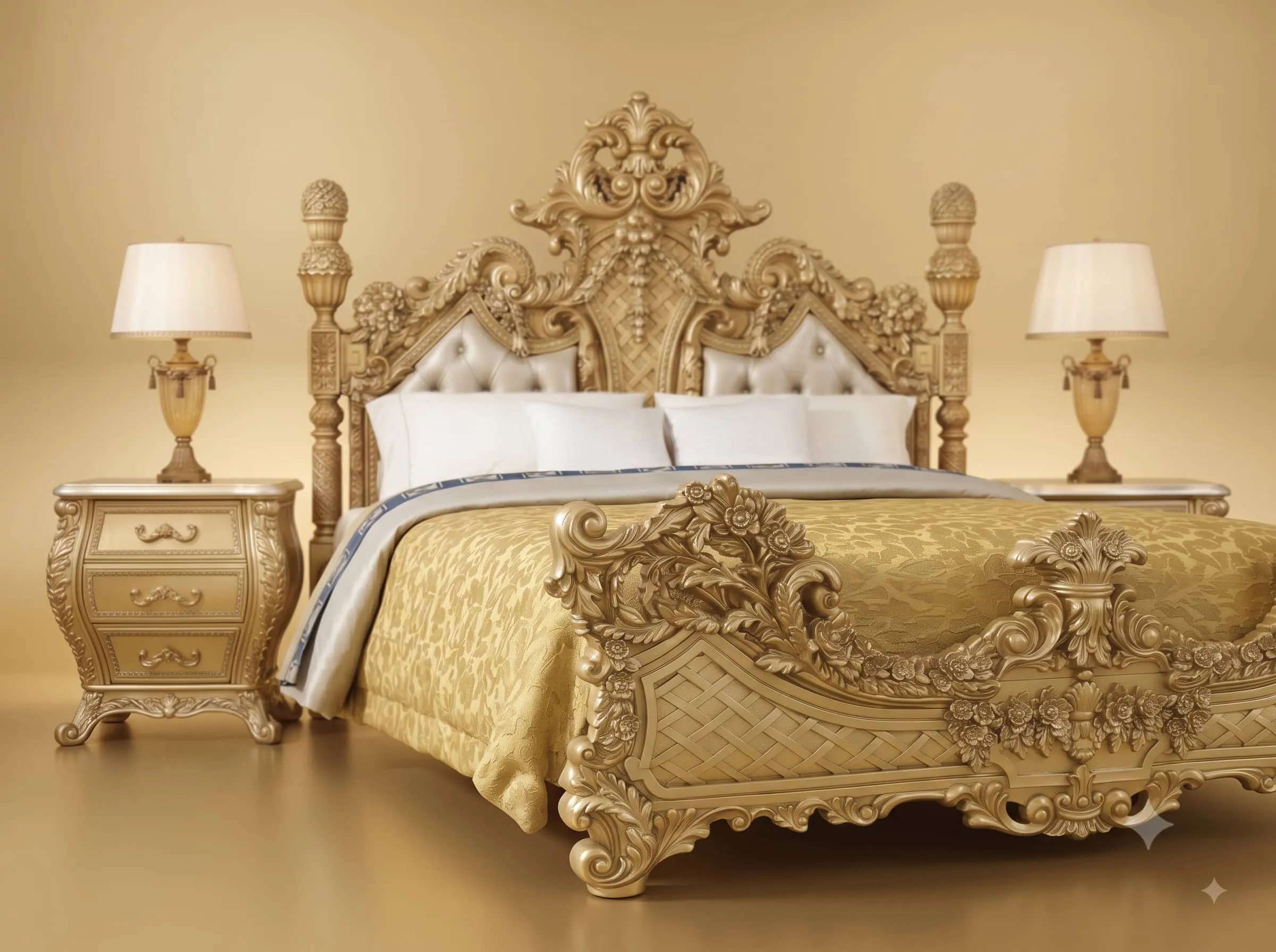 Wooden Cot Design in Carved Teak - Champagne with Carved Lattice Foot
