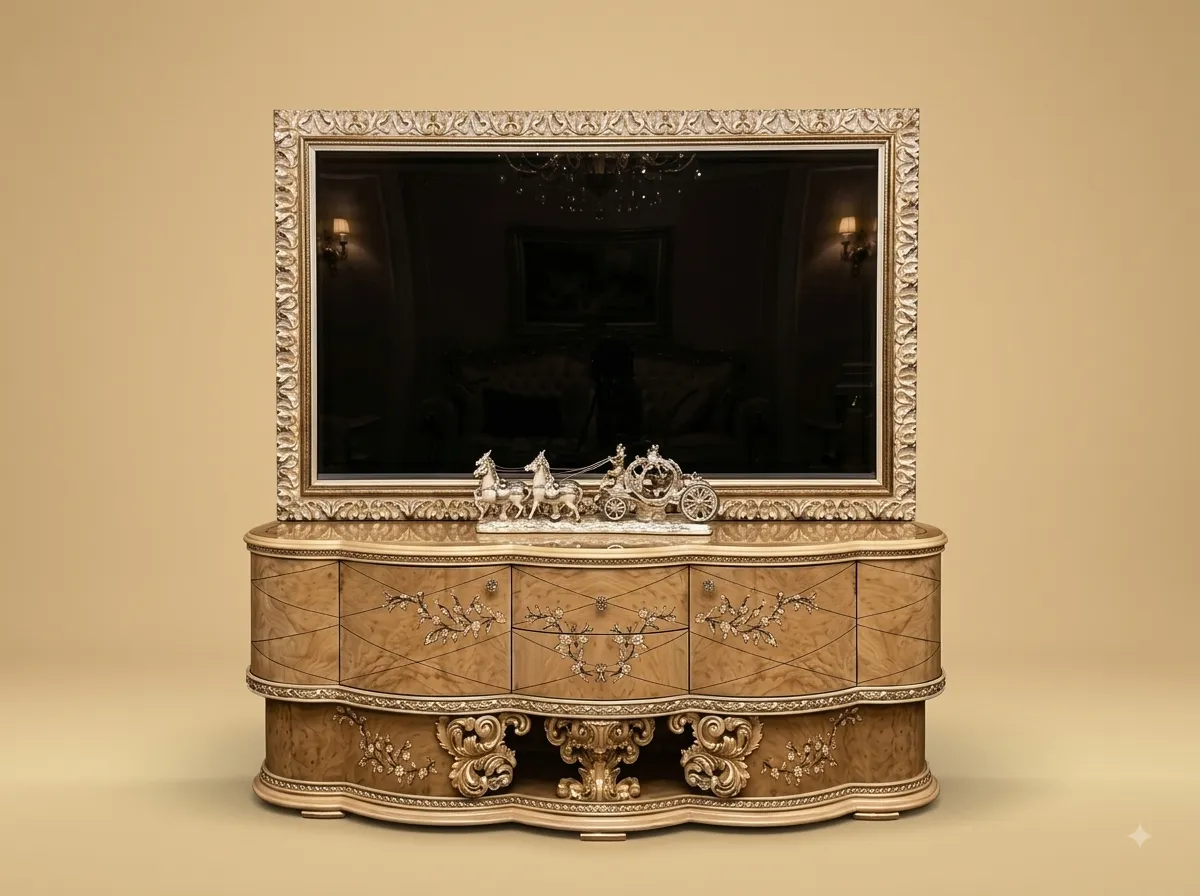 Designer TV Unit in Carved Teak with a Framed Screen Surround and Bowed Console
