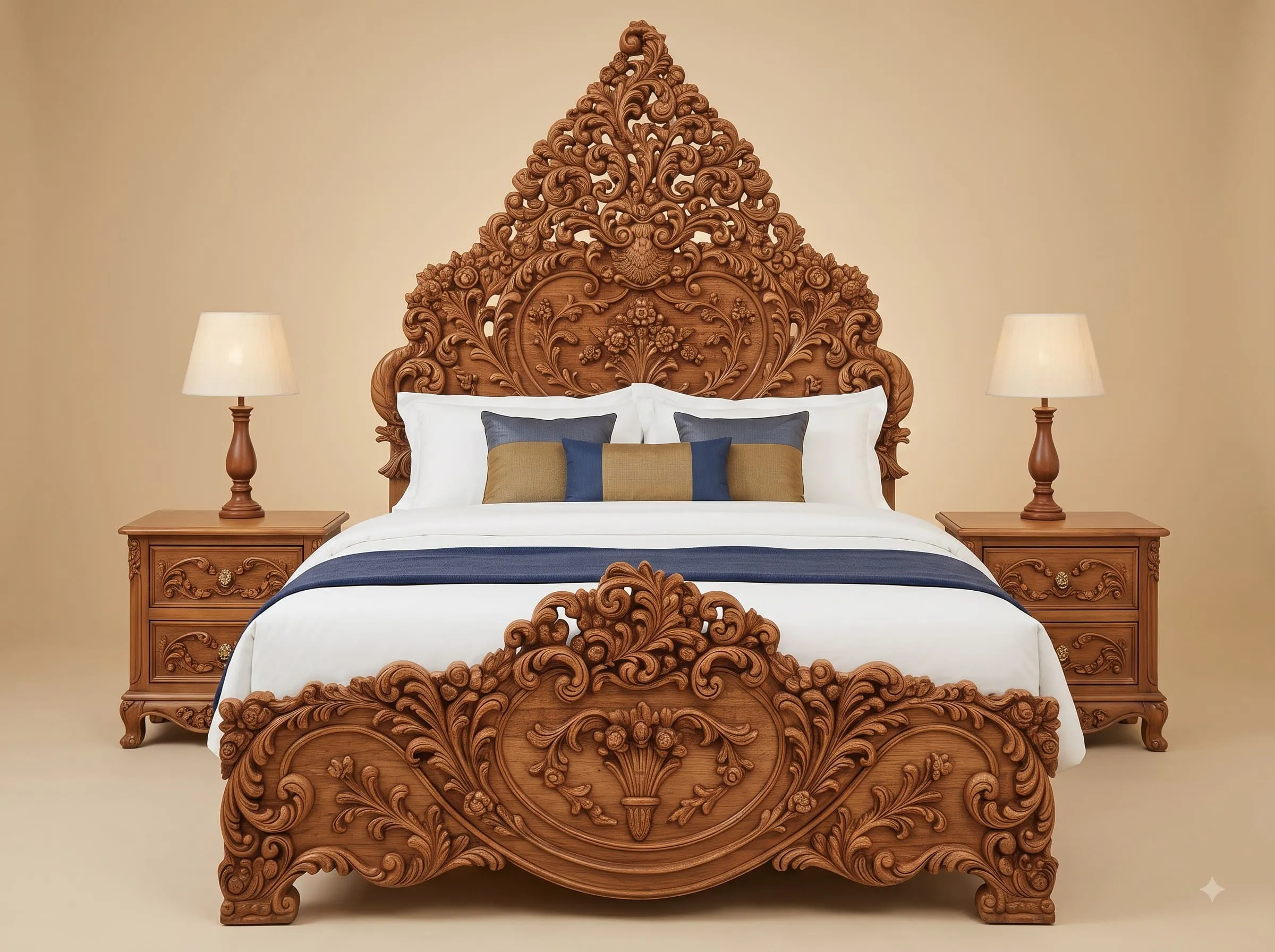 Solid Teak Bed in Natural Finish - Tall Pierced Headboard with Flowers
