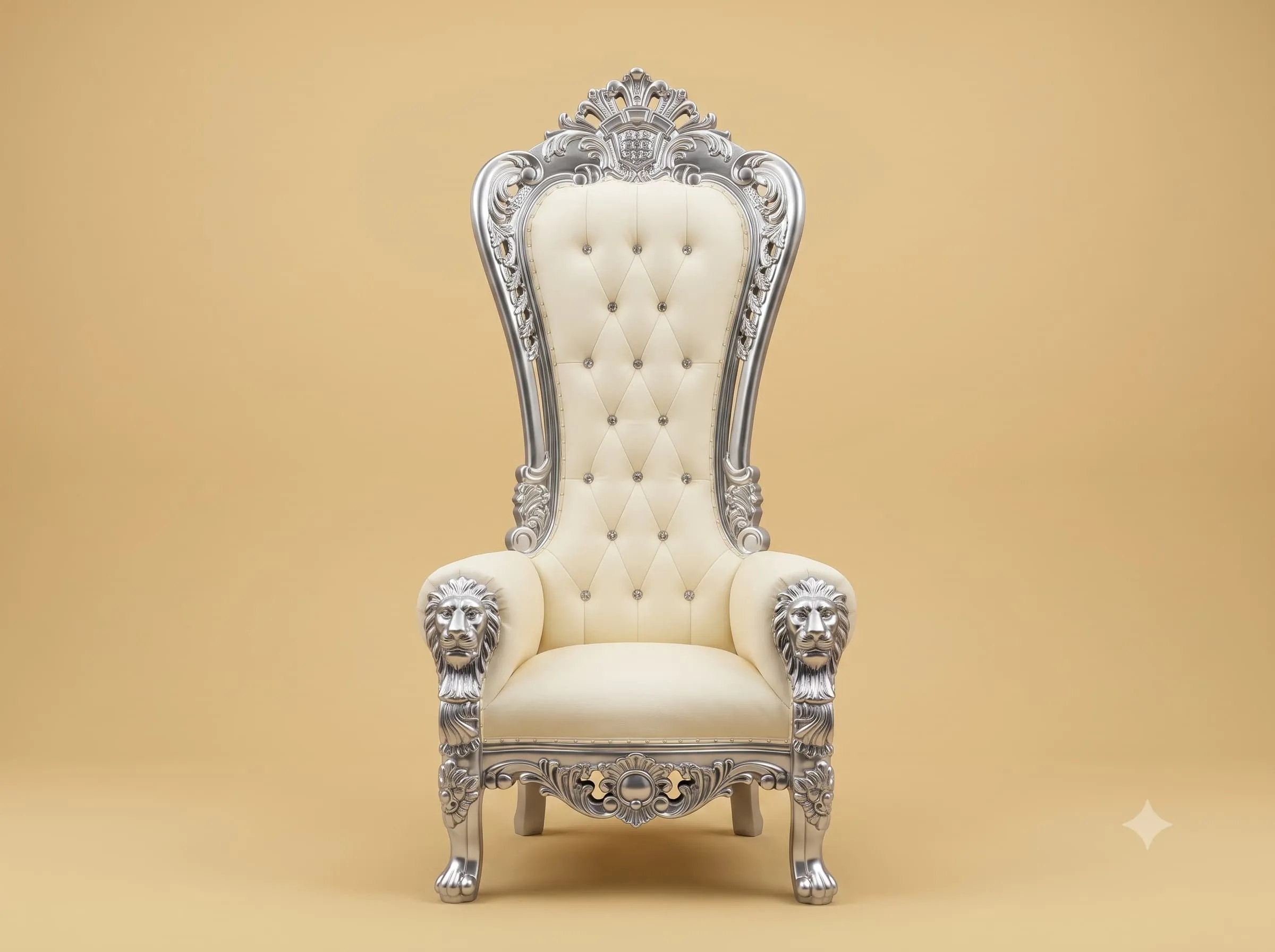 Silver Throne Chair in Carved Teak with Lion Arms and a Cream Buttoned Back