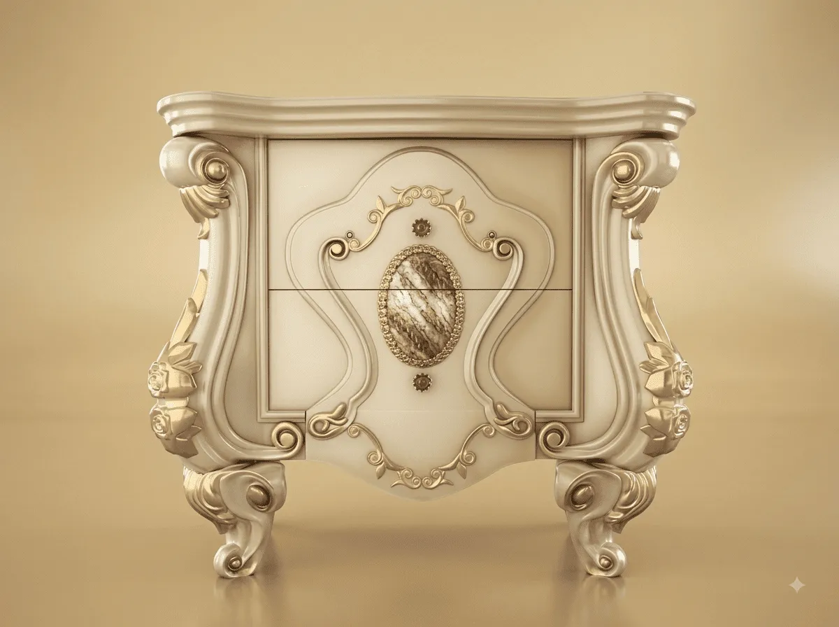 Wooden Bedside Table in Carved Teak - Pearl with Centre Medallion