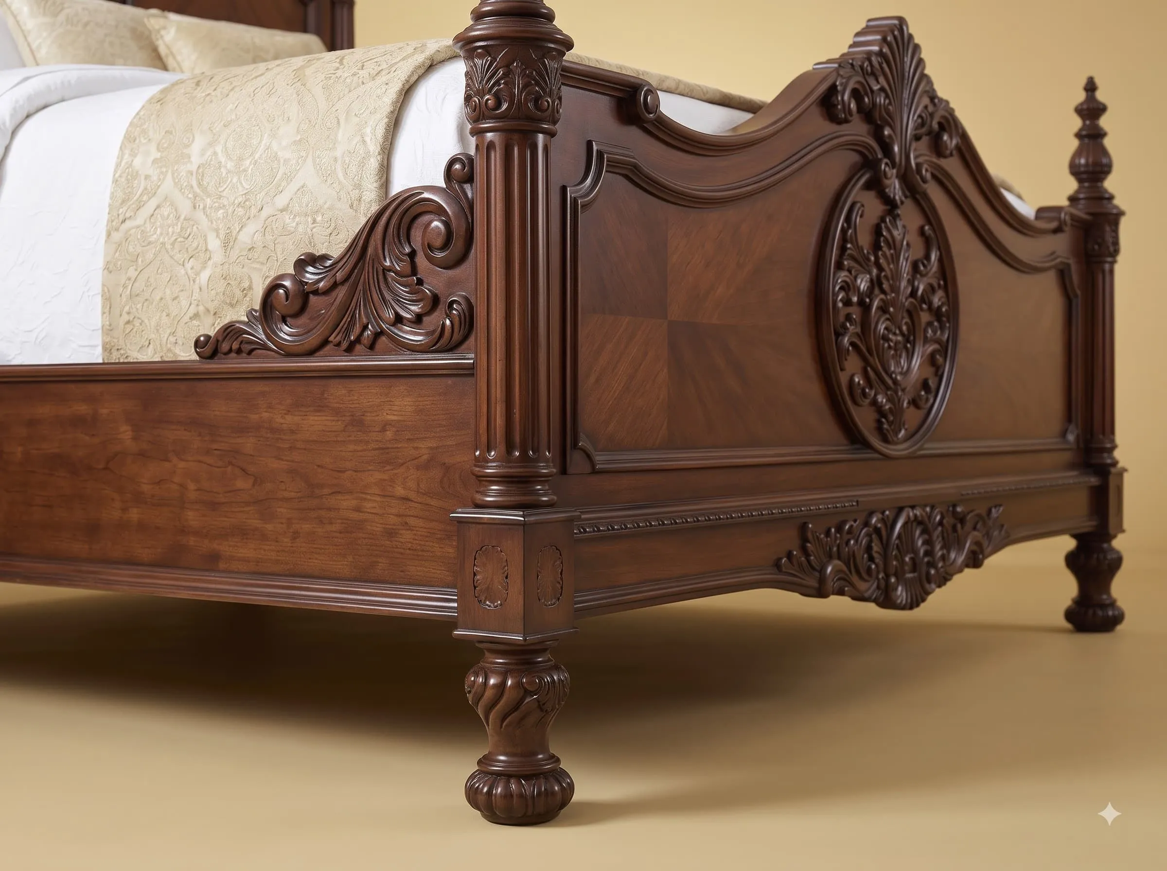 Poster Bed in Carved Teak - Walnut Finish with Arched Crown Headboard