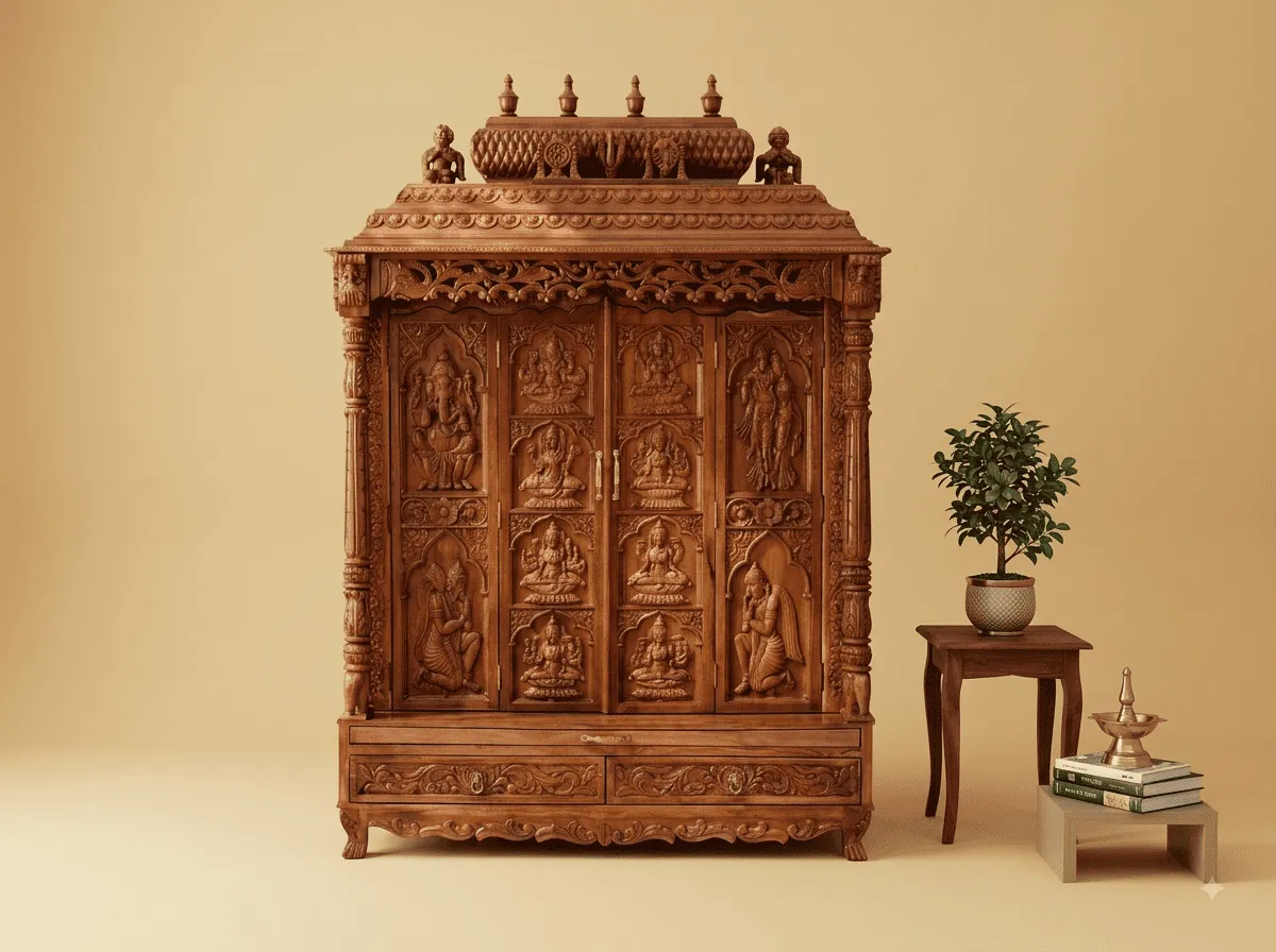 Teak Mandir with Carved Deity Doors - Jaali Frieze and Drawer Base