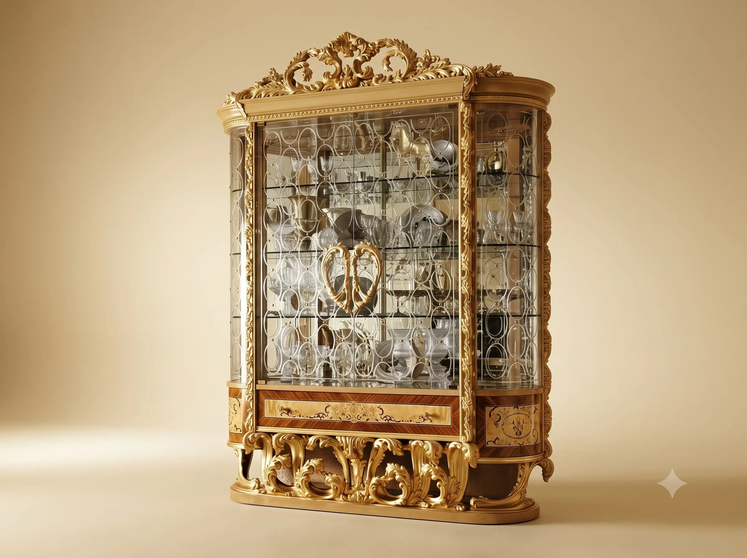 Royal Showcase in Gilded Teak with Mirrored Back and Inlaid Drawers