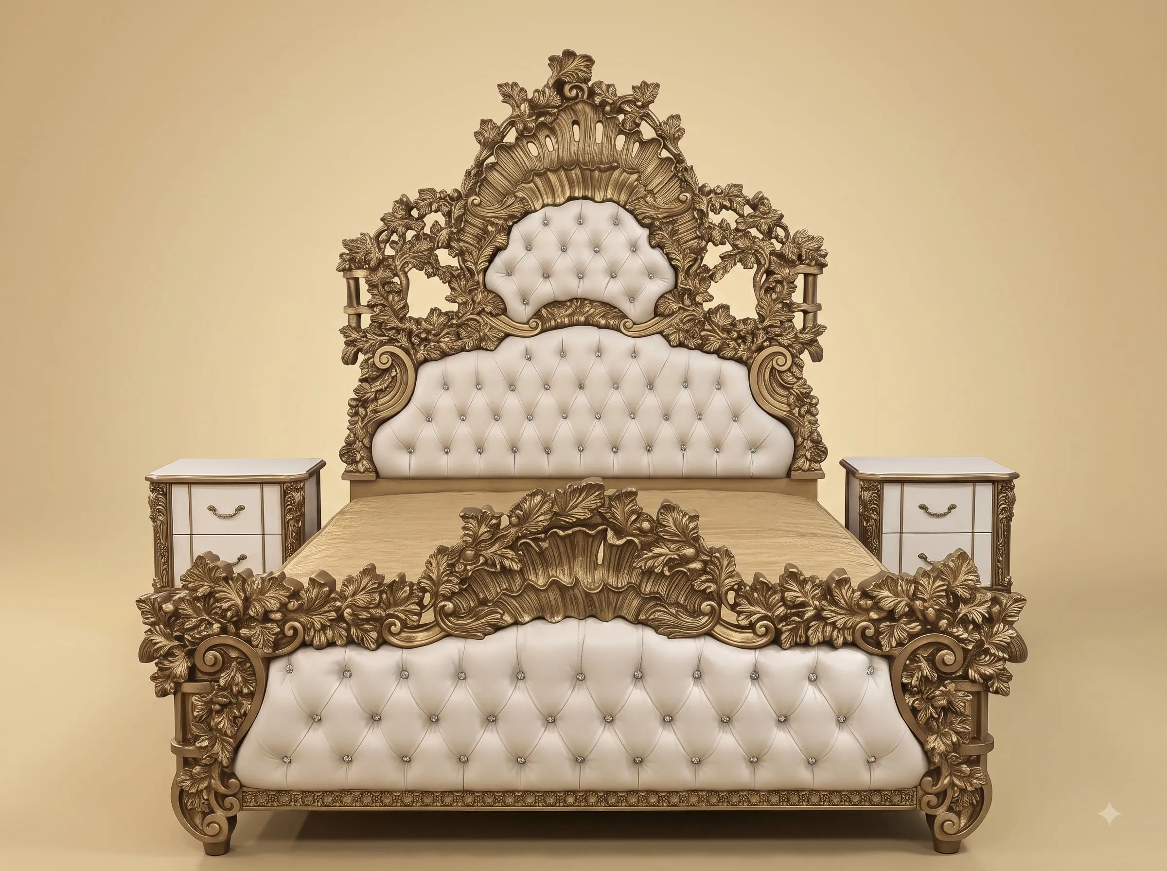 Antique Bed Design in Carved Teak - Vine Carving with Tufted Panels