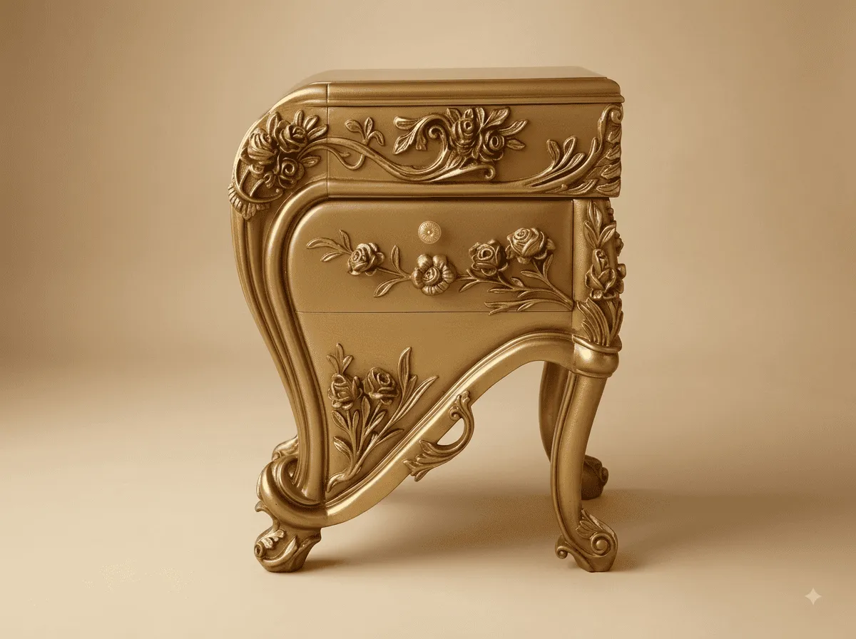 Gold Side Table in Carved Teak - Flowing Rose Carved Two Drawer