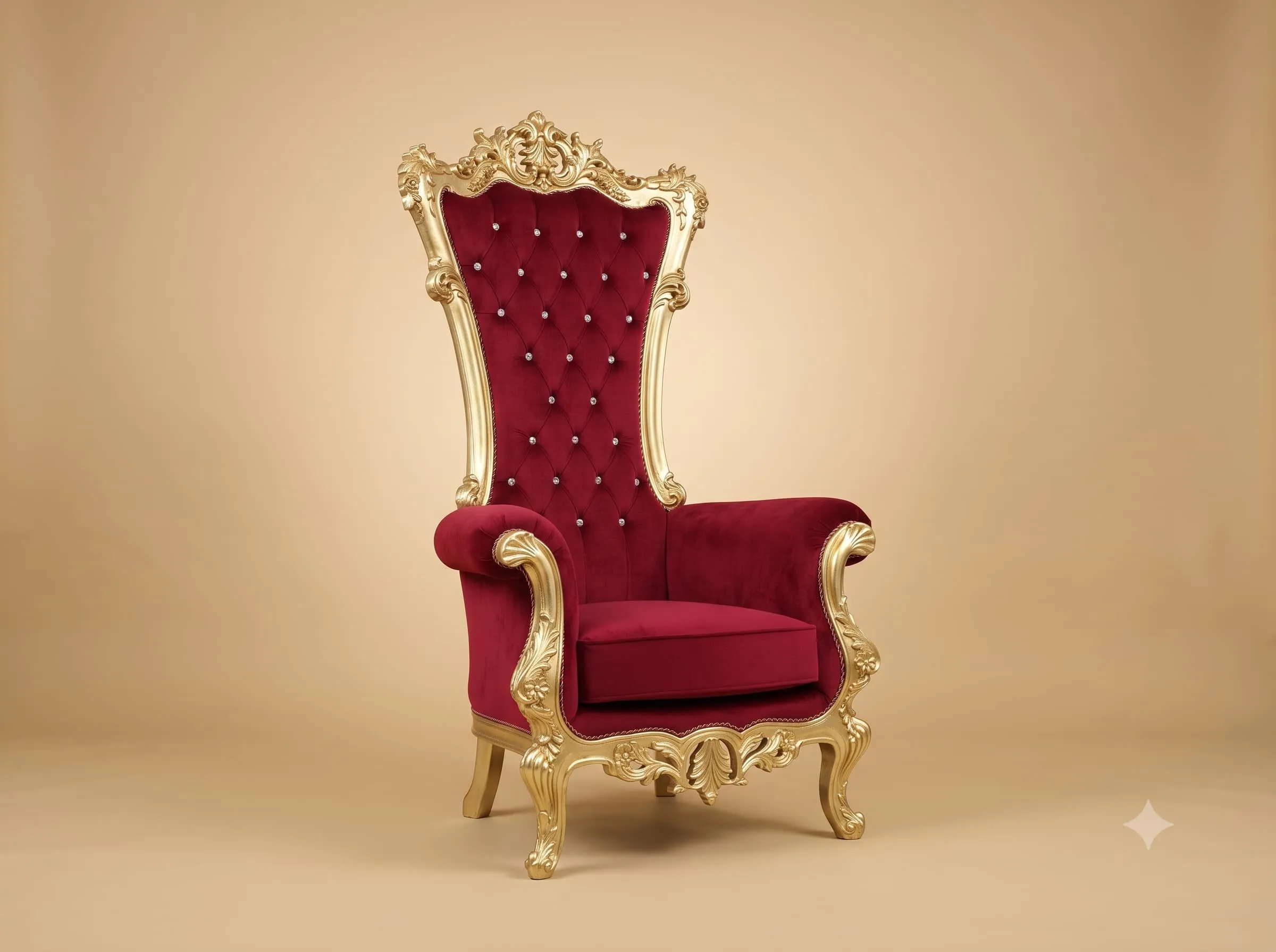 Red Velvet Chair in Carved Teak with a Tall Gilded Frame and Crystal Buttons