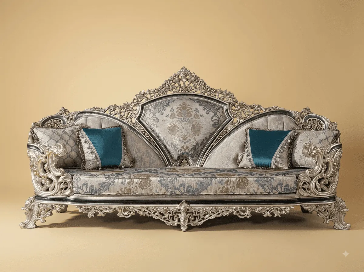 Royal Luxury Handcrafted Carved Teak Sofa | Antique Silver Baroque Frame