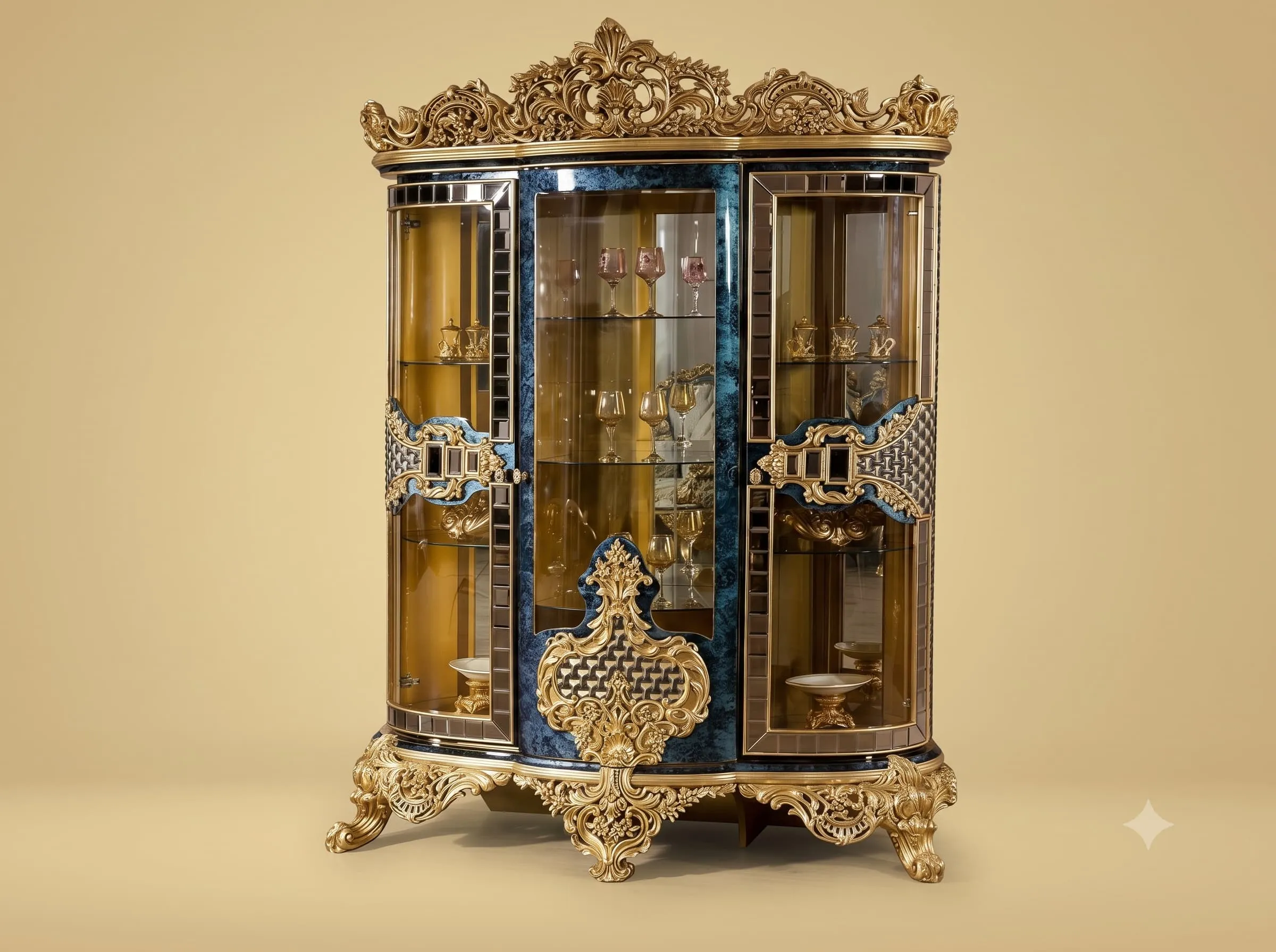 Showpiece Cabinet in Carved Teak with Blue Marbled Panels