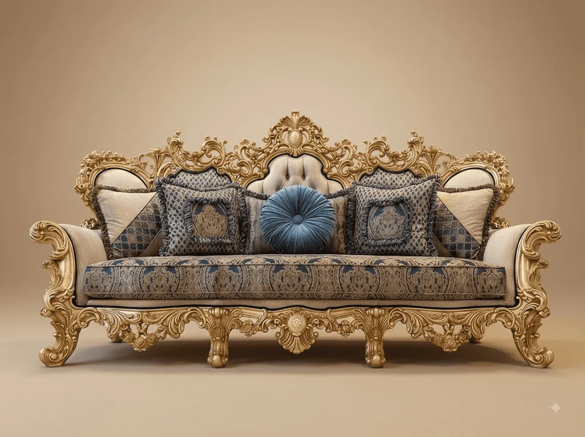 Damask Sofa in Carved Teak - 3 Seater Gold with Ivory and Blue