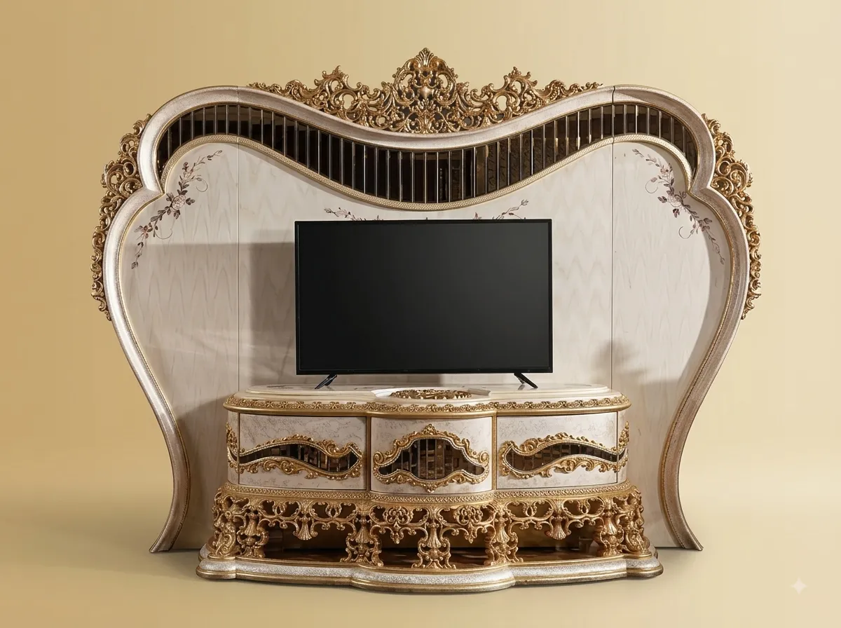 TV Unit with Back Panel in Carved Teak with an Ivory and Gold Finish