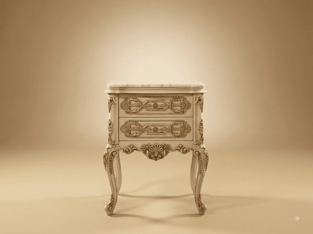 Tall Side Table in Carved Teak - Cream with Marble Top and Long Legs