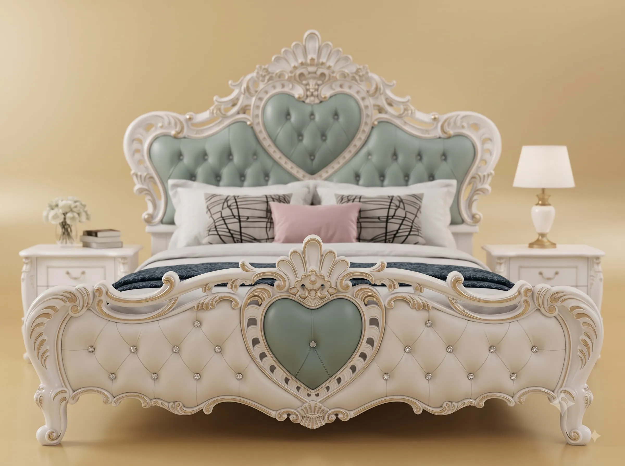 Sage Green Bed in Carved Teak - White Bedroom Set with Bedsides