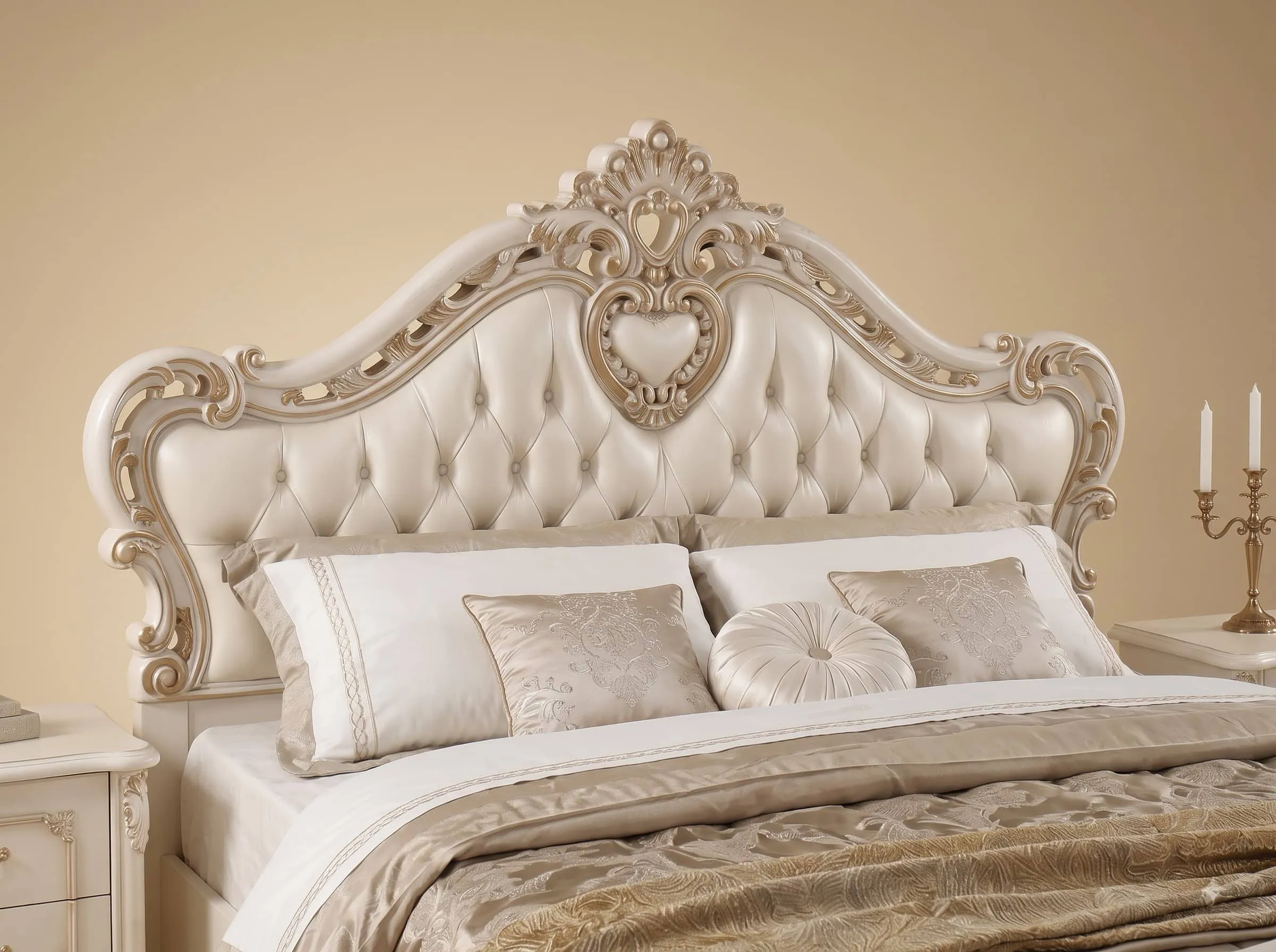 Teak Wood King Size Bed with Side Tables - Cream Heart Carved Headboard