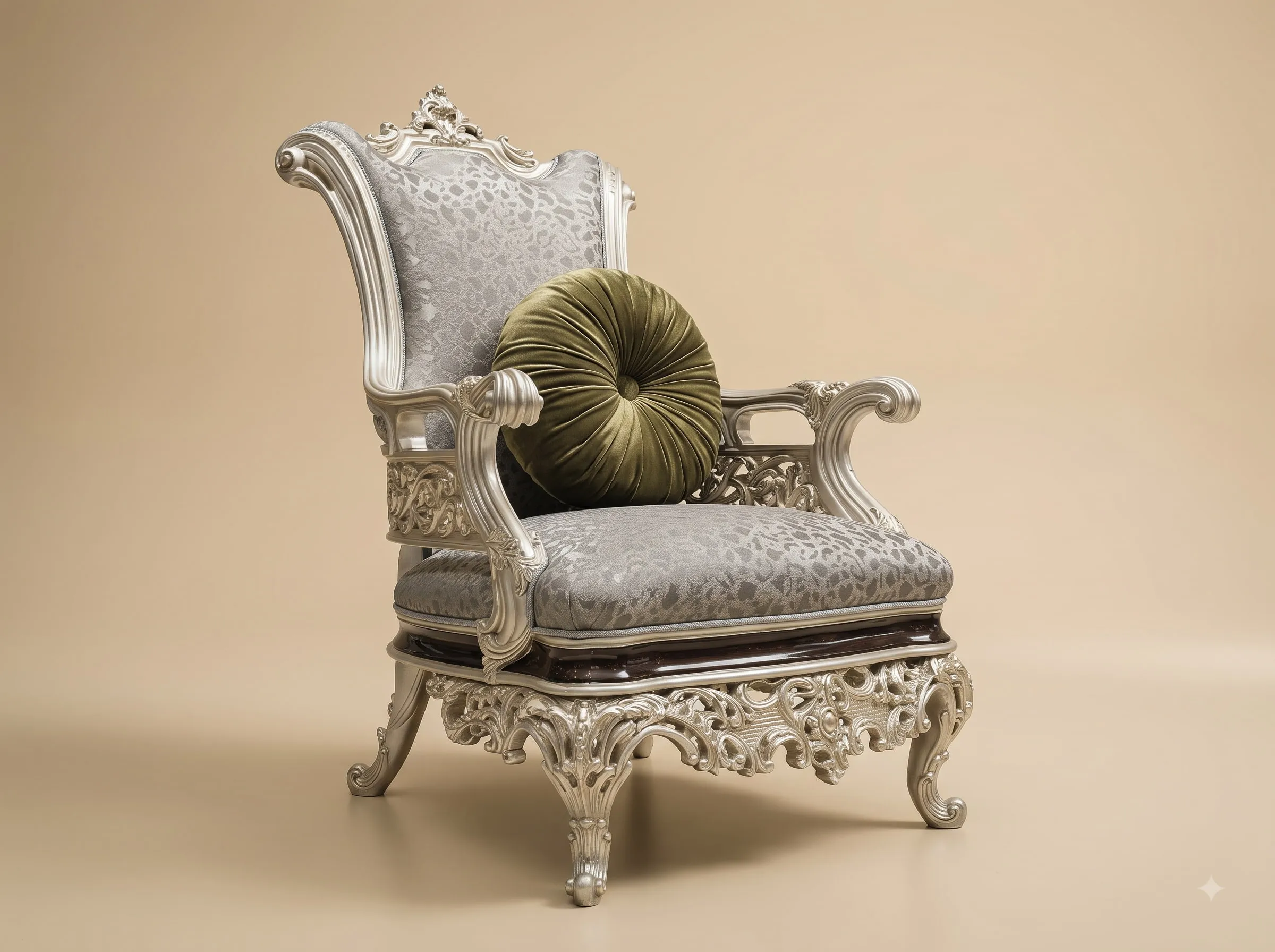 Living Room Chair in Carved Teak - Silver with Pierced Apron