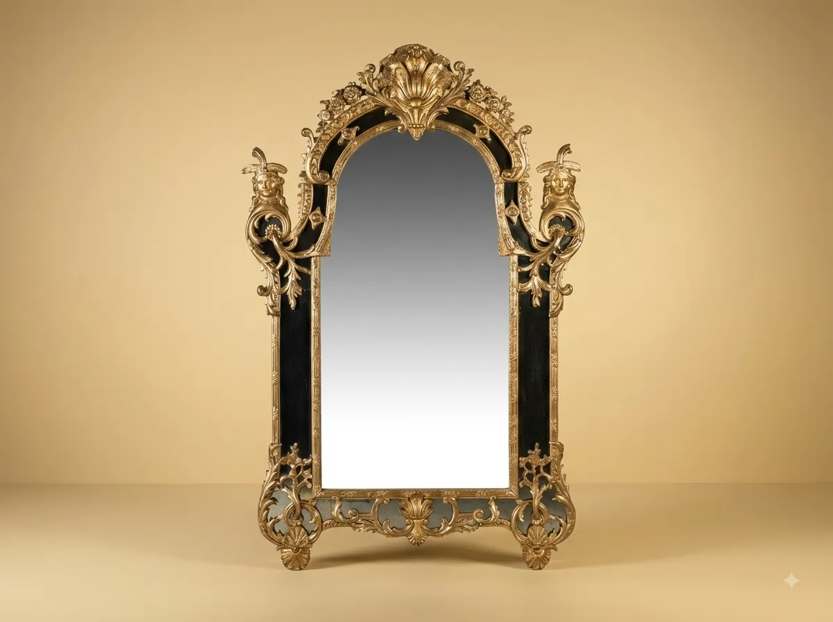 Black and Gold Mirror in Carved Teak with an Arched Plate