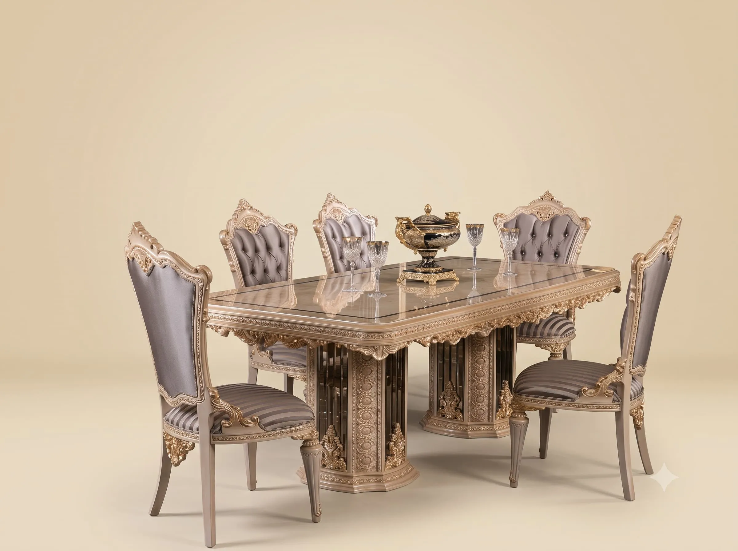 Traditional Dining Table Set in Carved Teak with Fluted Pedestals