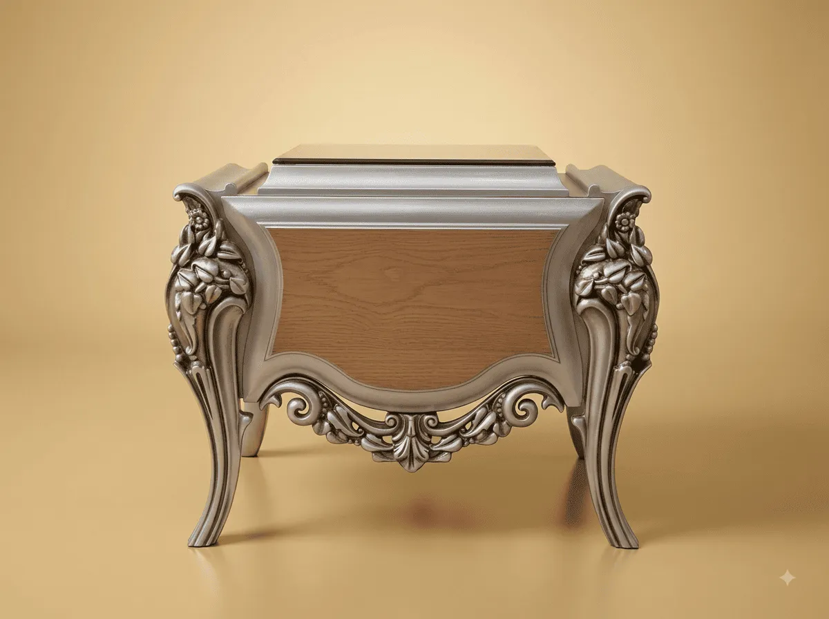 Wooden Side Table in Carved Teak - Silver Frame with Natural Panels