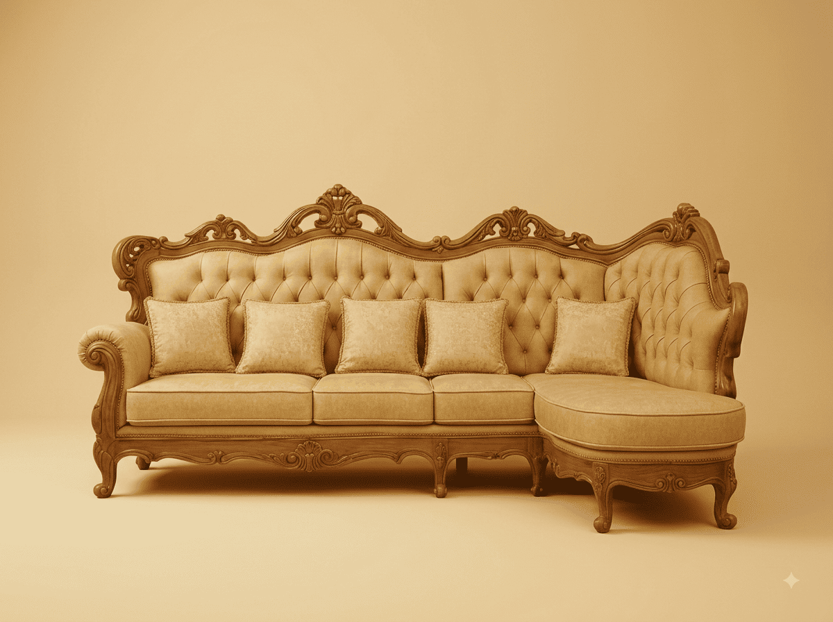 Fabric Sofa Set in Carved Teak - Beige with Light Wood Frame