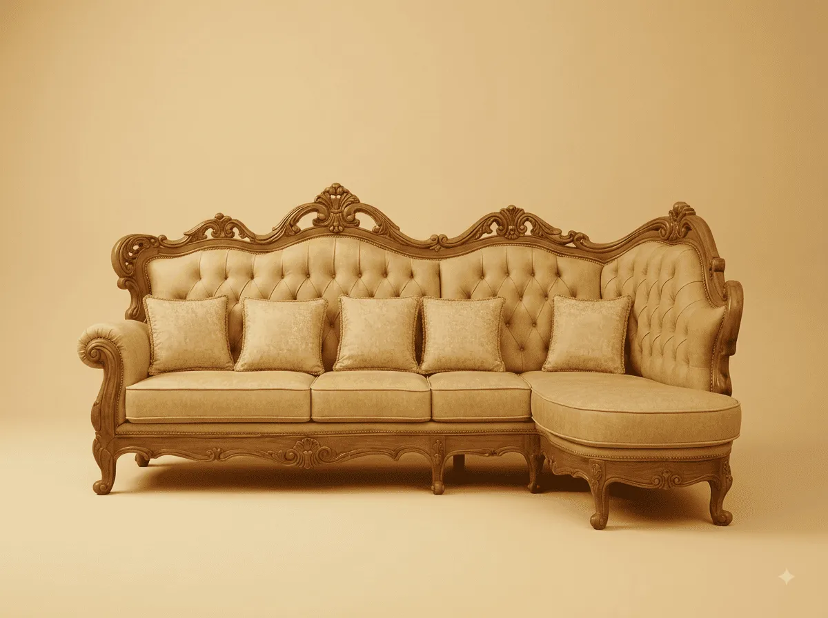 Fabric Sofa Set in Carved Teak - Beige with Light Wood Frame