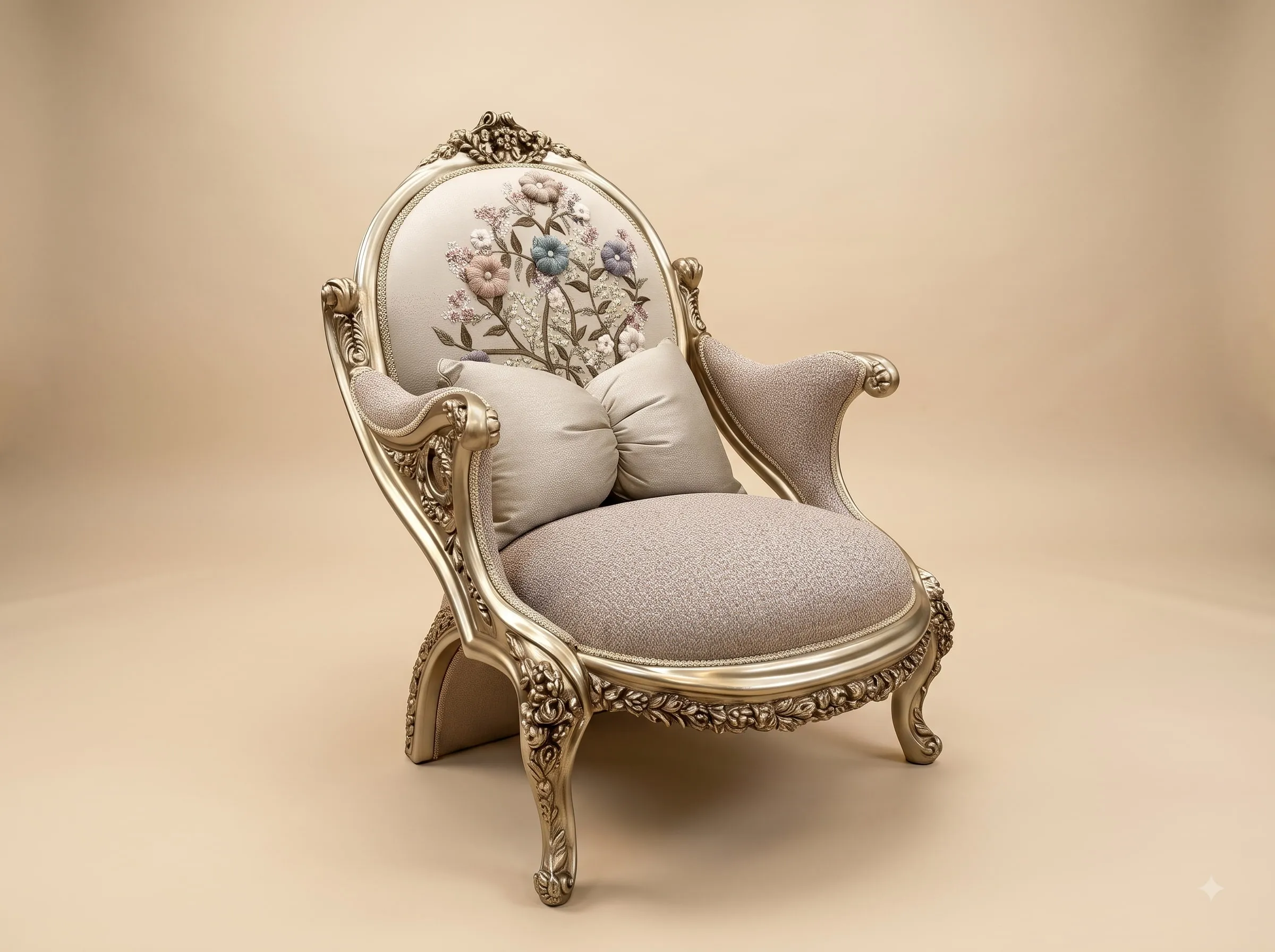 Sofa Chair in Carved Teak - Champagne with Embroidered Medallion Back