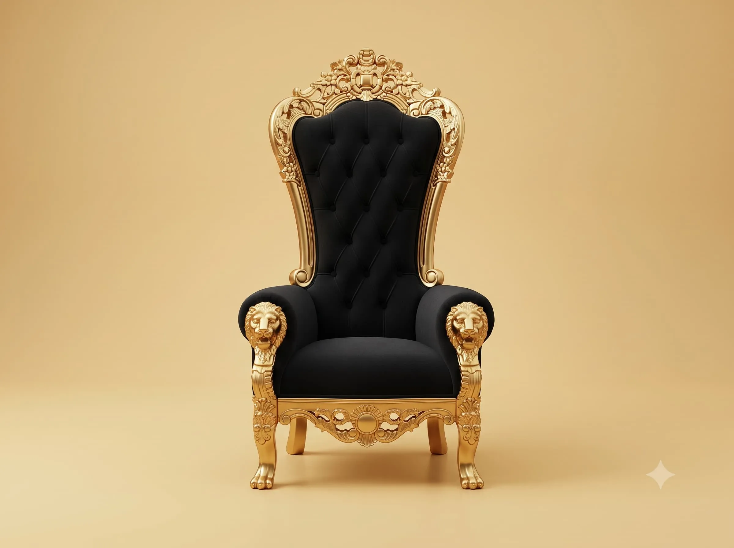 Lion Chair in Carved Teak with Gilded Lion Arms and a Black Velvet Back