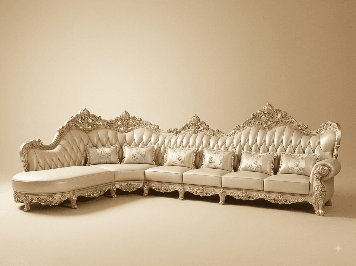 Sofa Set for Living Room in Carved Teak - Champagne with Chaise - Image 1