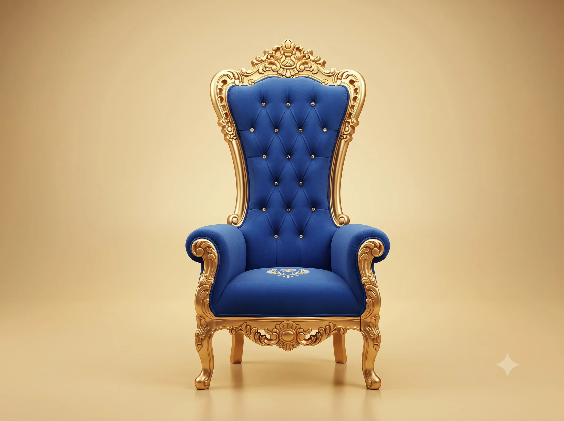 Blue Throne Chair in Carved Teak with Crystal Buttons and a Gilded Frame