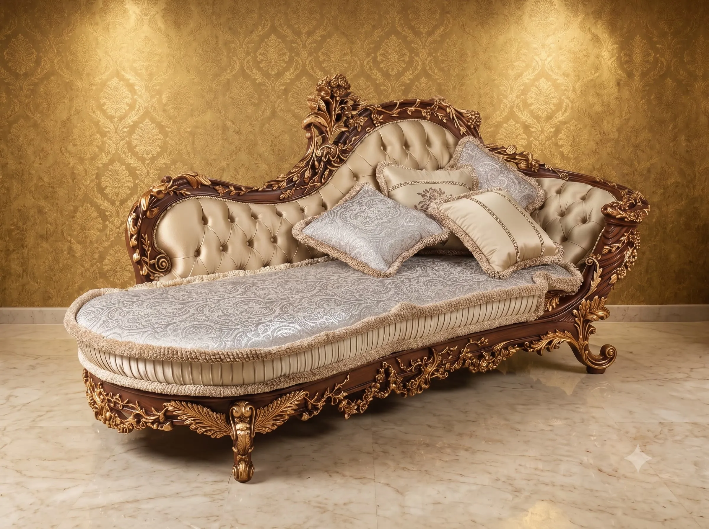 Traditional Diwan in Walnut and Gold Teak with Ruched Seat Border